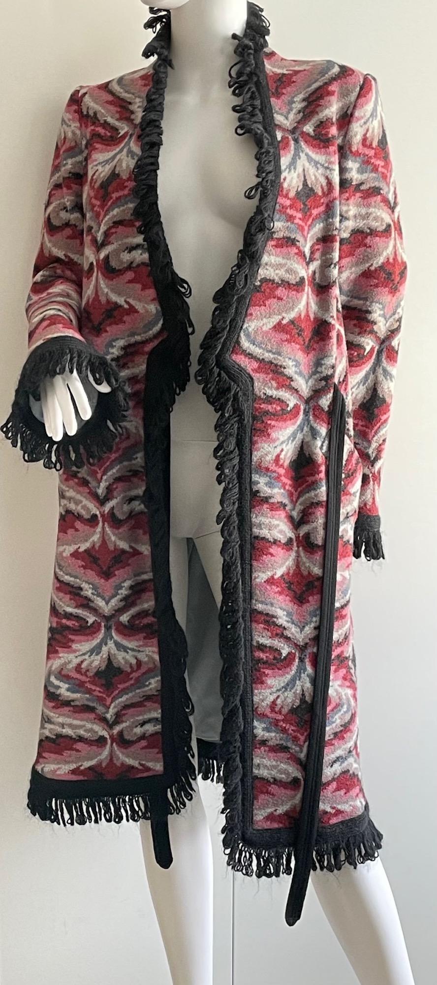 MISSONI Vintage Knitted Long Wool Coat - Multi Coloured - Black Fringe & Belt In Good Condition In London, GB