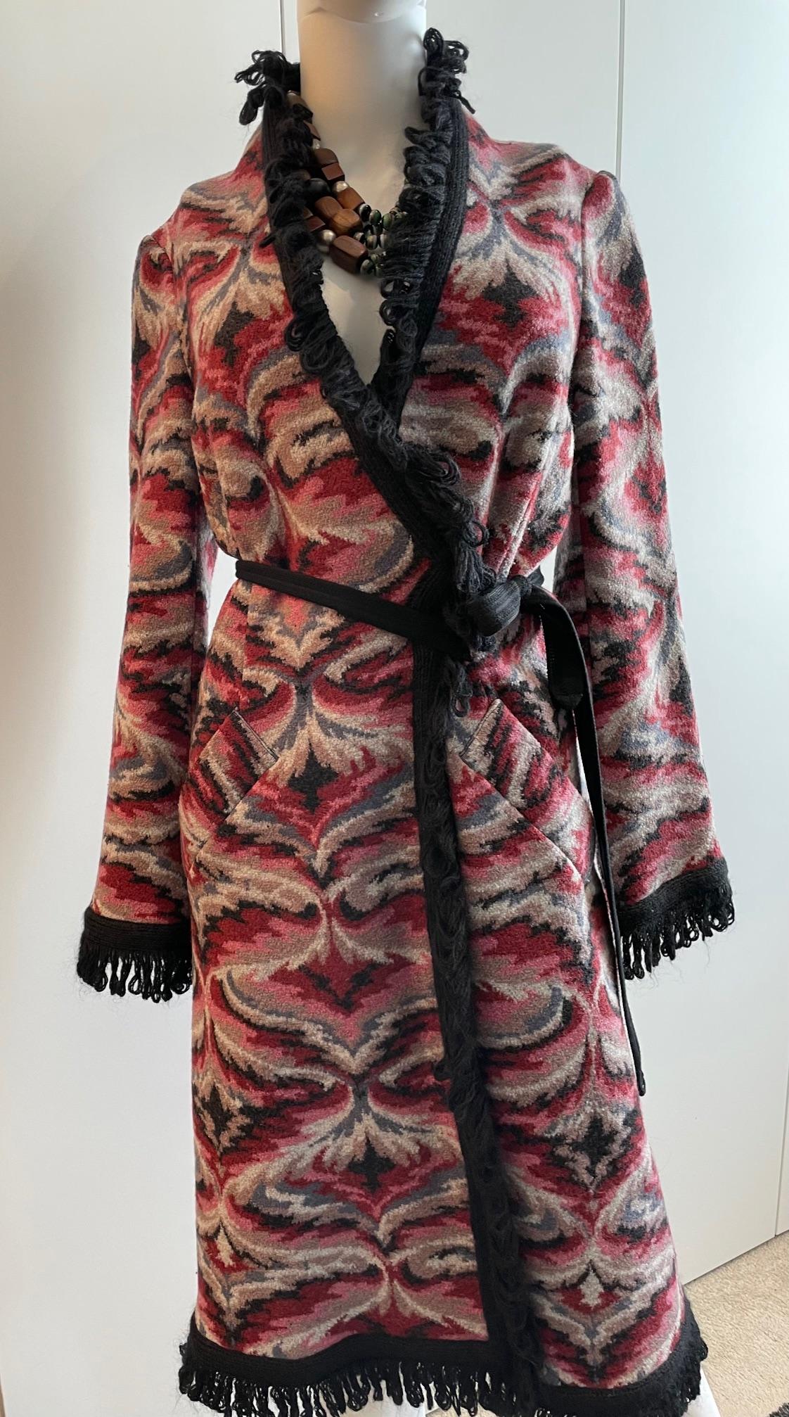 Women's MISSONI Vintage Knitted Long Wool Coat - Multi Coloured - Black Fringe & Belt
