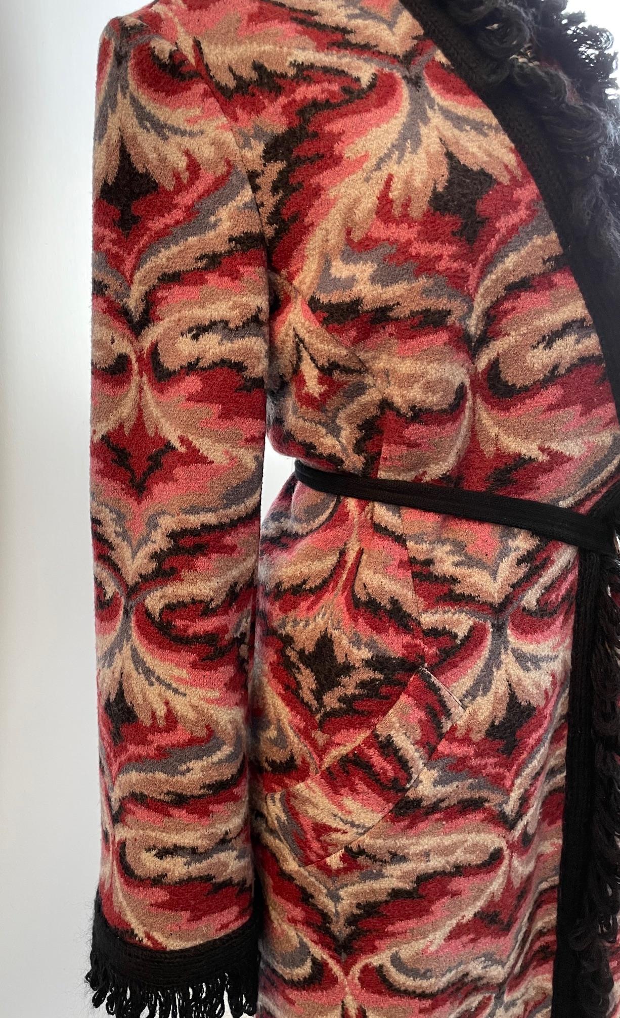 MISSONI Vintage Knitted Long Wool Coat - Multi Coloured - Black Fringe & Belt 2