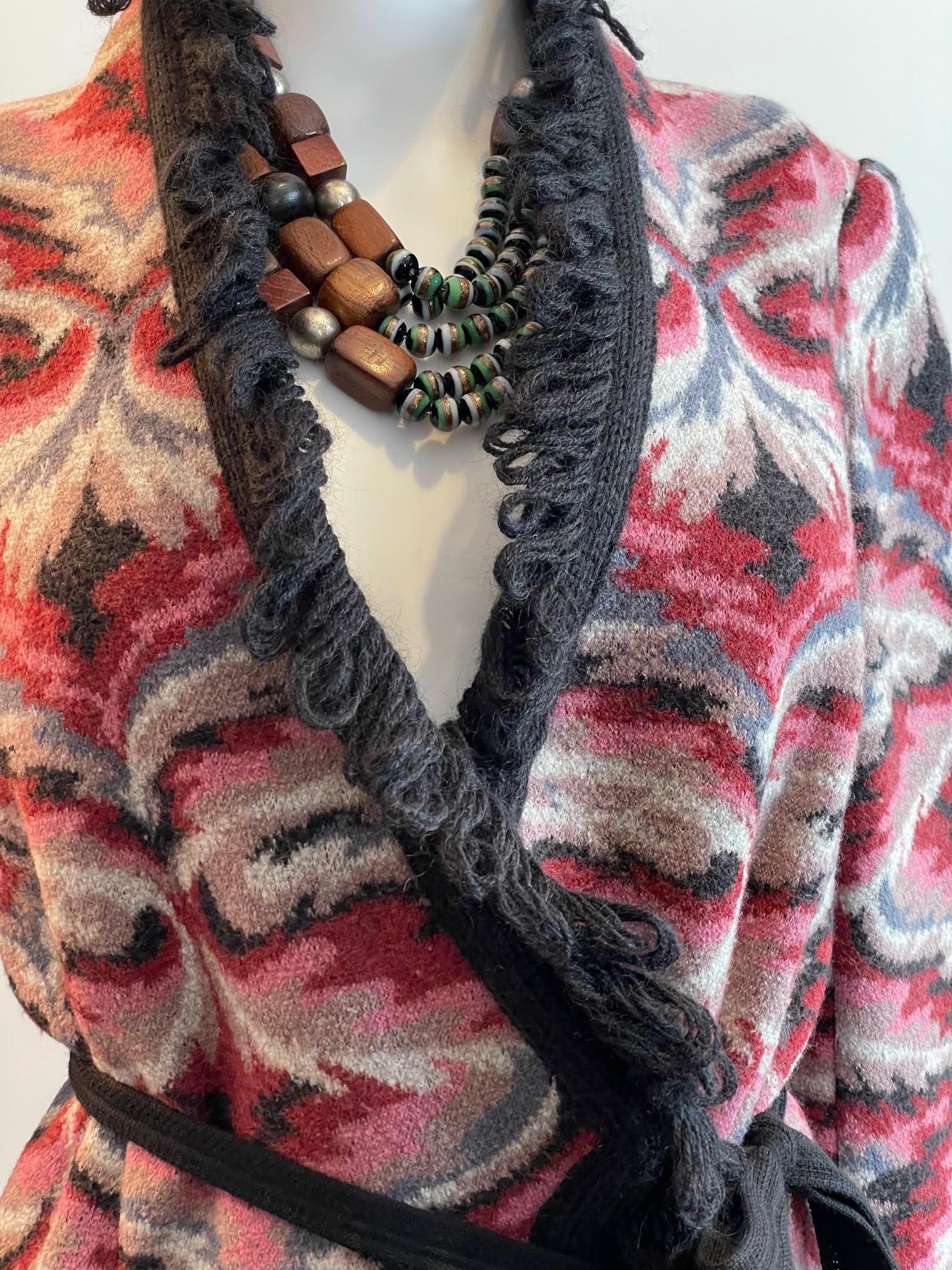 MISSONI Vintage Knitted Long Wool Coat - Multi Coloured - Black Fringe & Belt 3