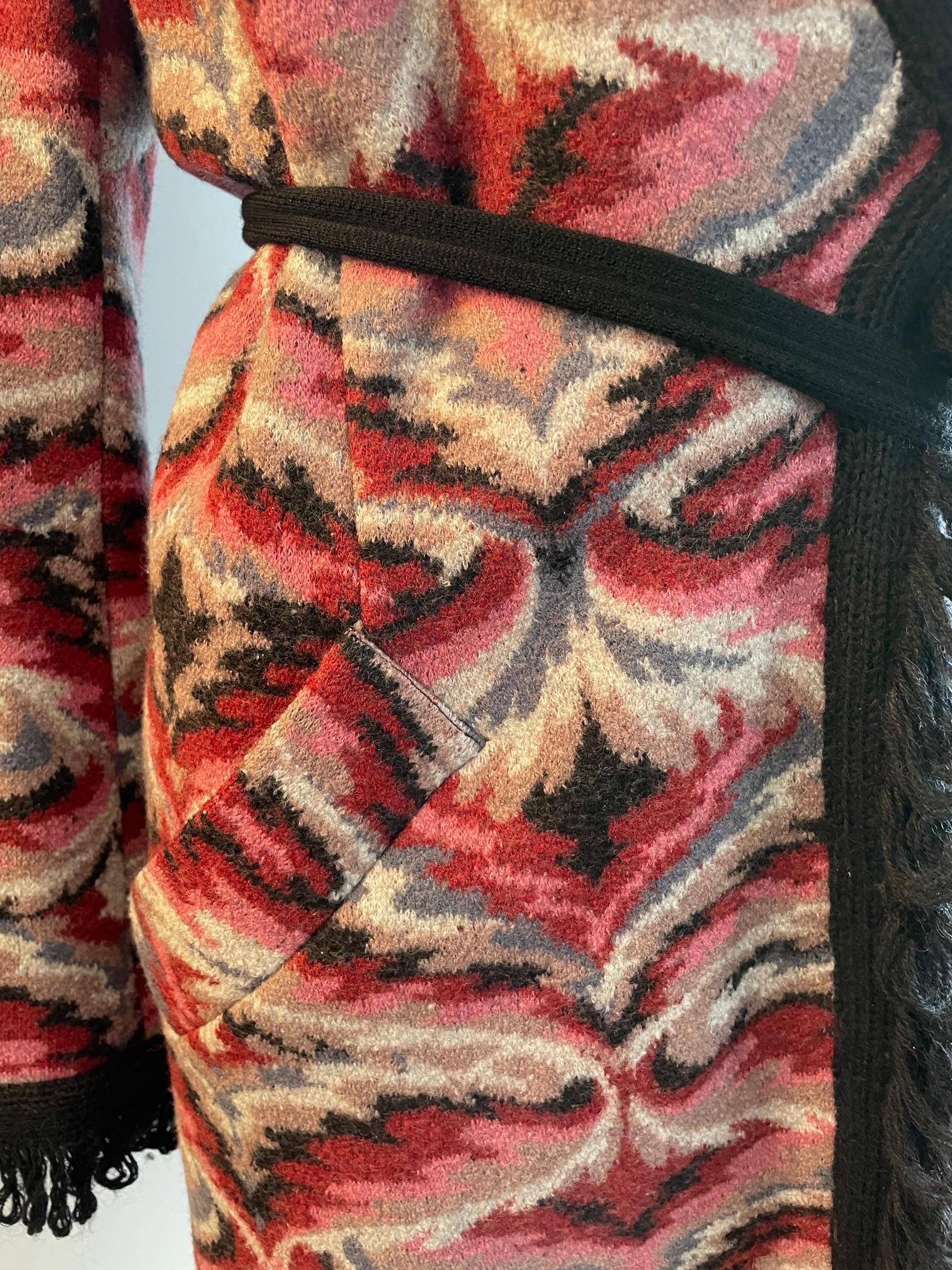 MISSONI Vintage Knitted Long Wool Coat - Multi Coloured - Black Fringe & Belt 4