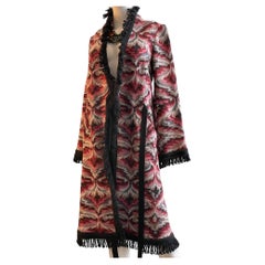 MISSONI Vintage Knitted Long Wool Coat - Multi Coloured - Black Fringe & Belt
