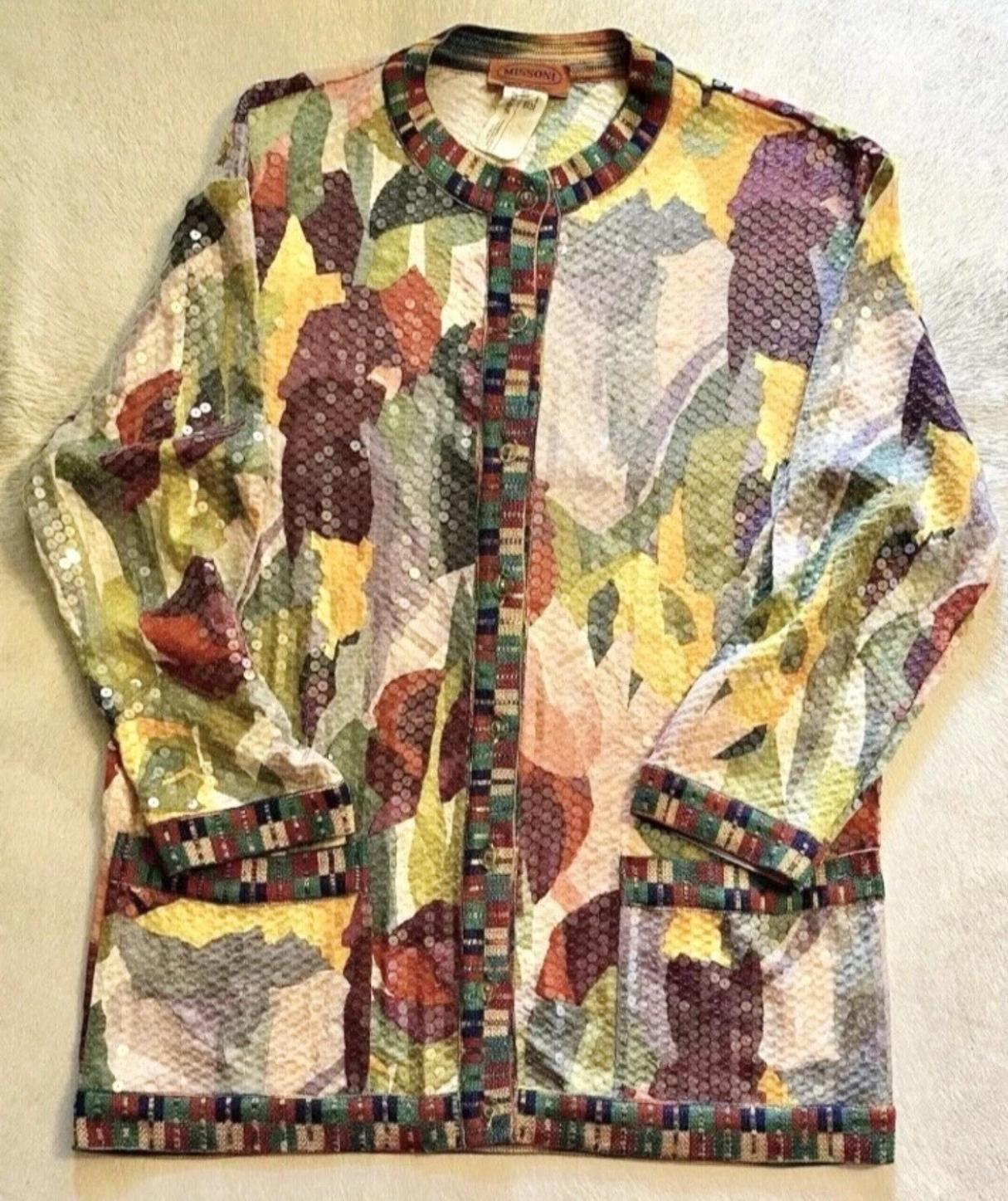 Missoni Vintage Laufsteg F/S 1991 Seide Floral Pailletten Minikleid, Strickjacke Jacke im Angebot 5