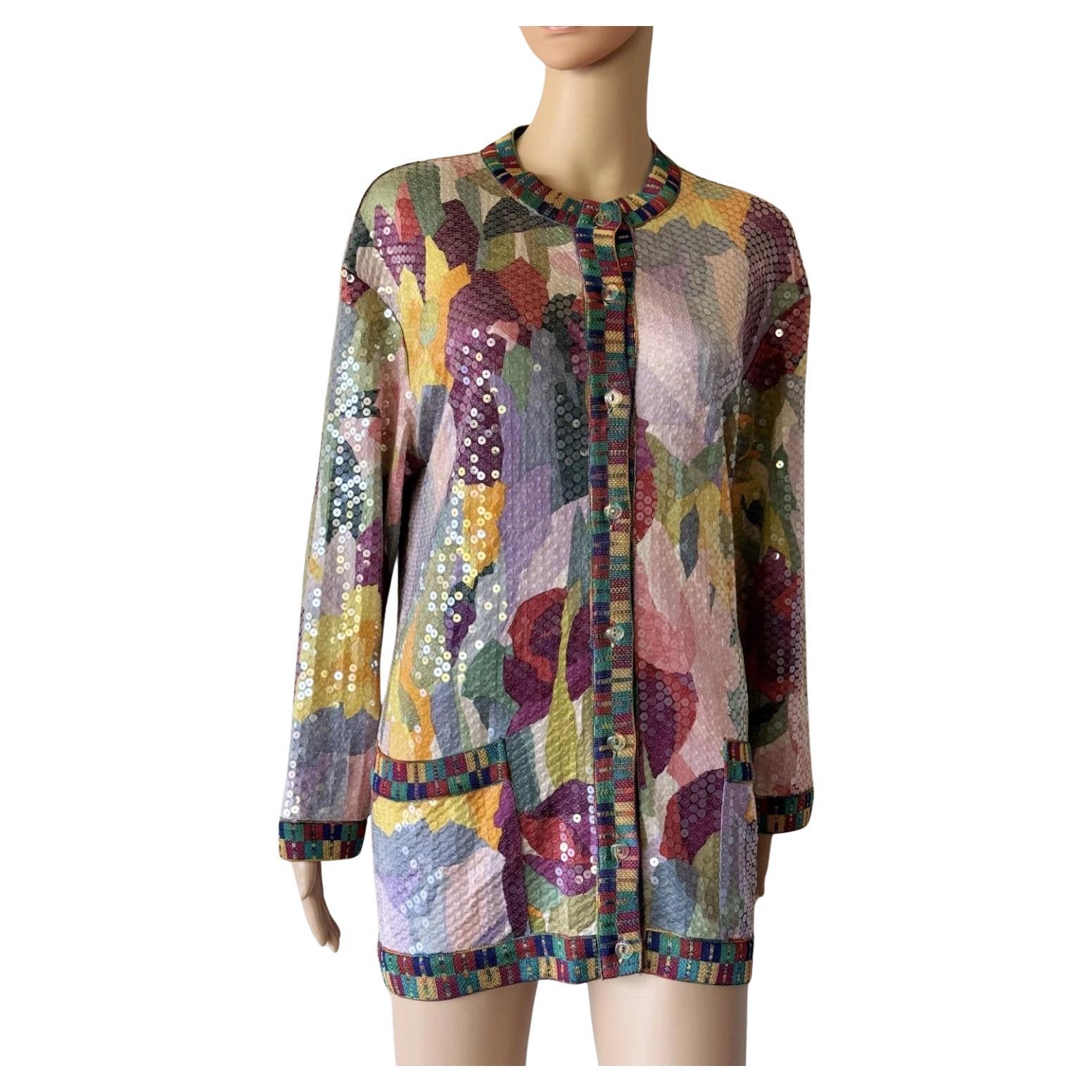 Missoni Vintage Laufsteg F/S 1991 Seide Floral Pailletten Minikleid, Strickjacke Jacke im Angebot