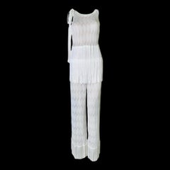 MISSONI White Bridal Chevron Crochet Knit Top & Pants Ensemble Fringe Details