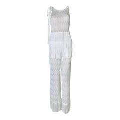 MISSONI White Bridal Chevron Crochet Knit Top & Pants Ensemble Fringe Details