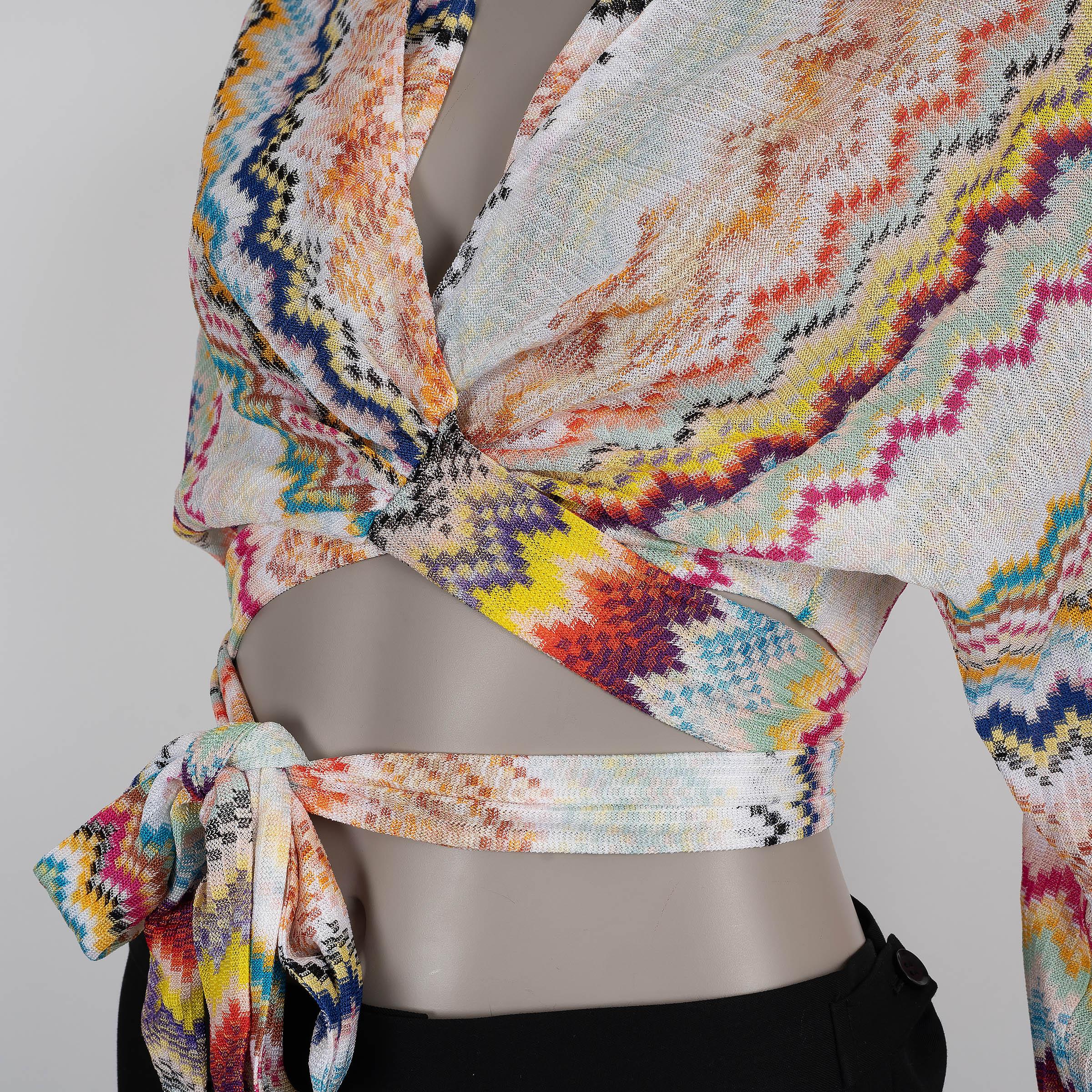 MISSONI white & multicolour viscose 2023 ZIGZAG WRAP TOP Shirt 40 S Damen im Angebot