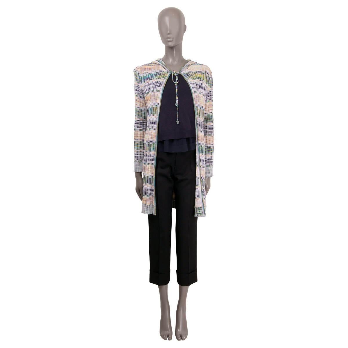100% authentic Missoni knit cardigan in stretchy light blue, pink, white and yellow viscose (97%) and polyester (3%). Features a hood in similar pattern and opens with strangles around the neckline in the front. Has been worn and is overall in very