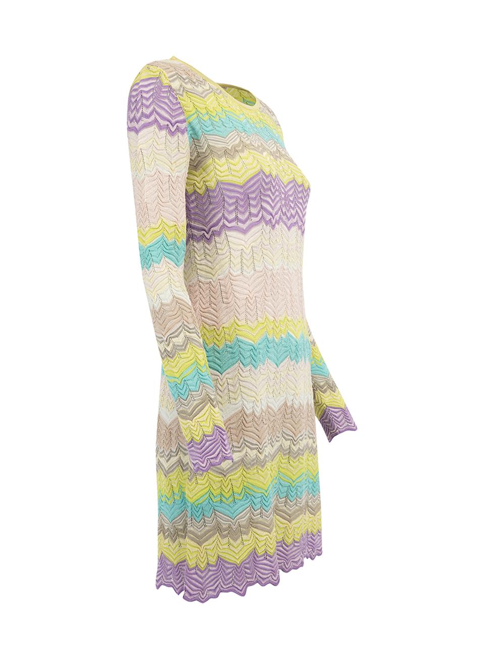 CONDITION is Never Worn. No visible wear to dress is evident on this used Missoni designer resale item. Details Multicolour- Yellow, white and purple Cotton and viscose blend Mini dress Abstract pattern Long sleeves Round neckline Made in Italy