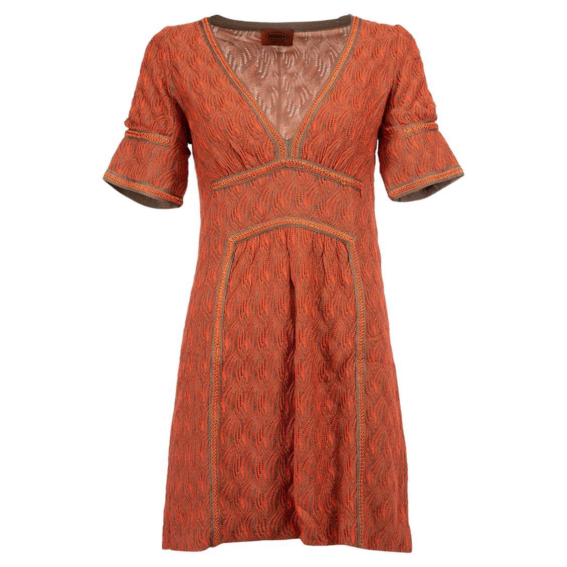 Missoni Women's Orange Abstract Pattern V Neck Dress For Sale