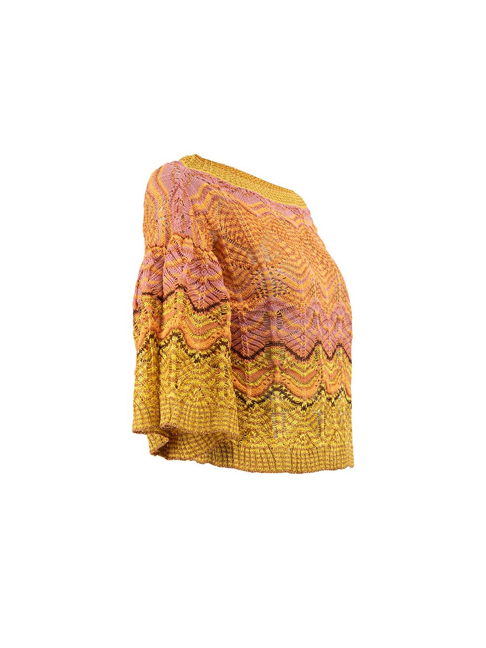 CONDITION is Never Worn. No visible wear to top is evident on this used Missoni designer resale item. Details Multicolour- Pink, orange and yellow Synthetic Crochet top Wide boat neckline Mid length flared sleeves Made in Italy Composition 31%