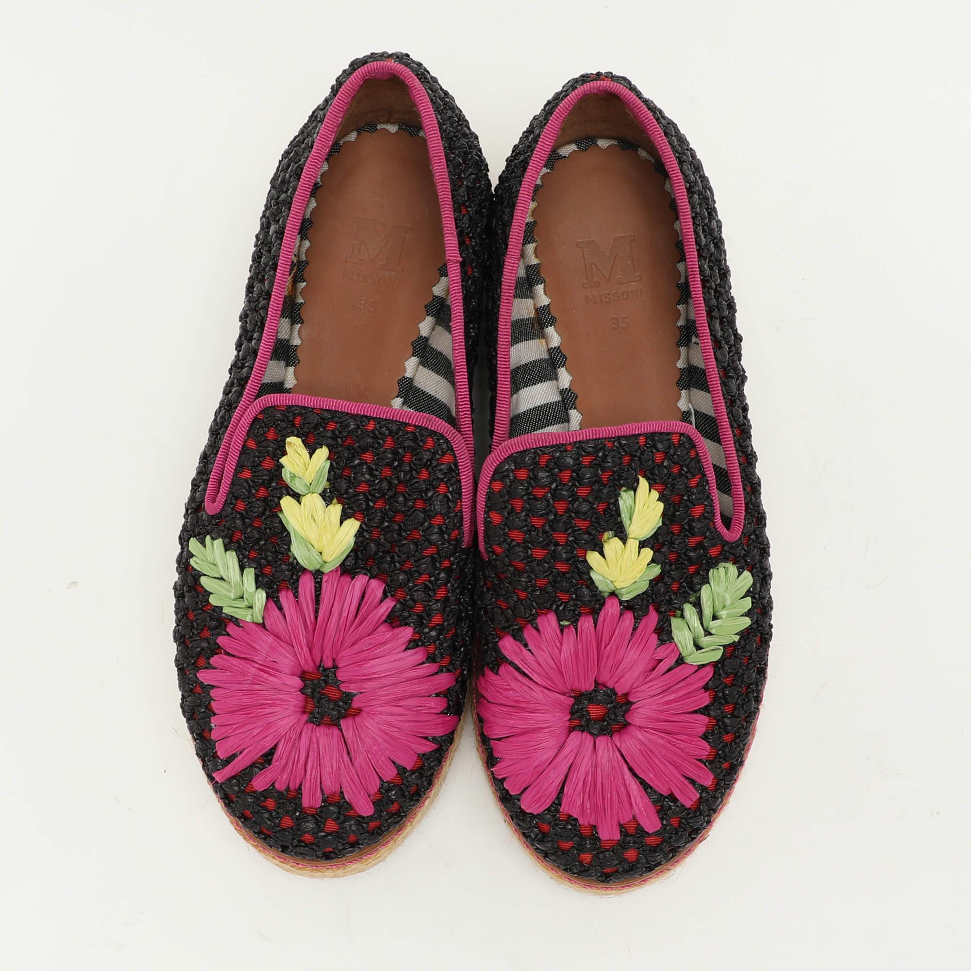 Black Missoni Woven Raffia Floral Detail Platform Espadrille Smoking Slippers Size 35 For Sale