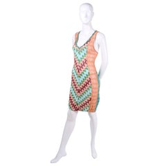 Missoni Zig Zag Knit Dress in Aqua Blue Green & Salmon Pink W Metallic Thread