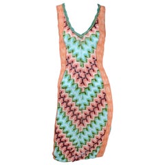 Missoni Zig Zag Knit Dress in Aqua Blue Green & Salmon Pink W Metallic Thread