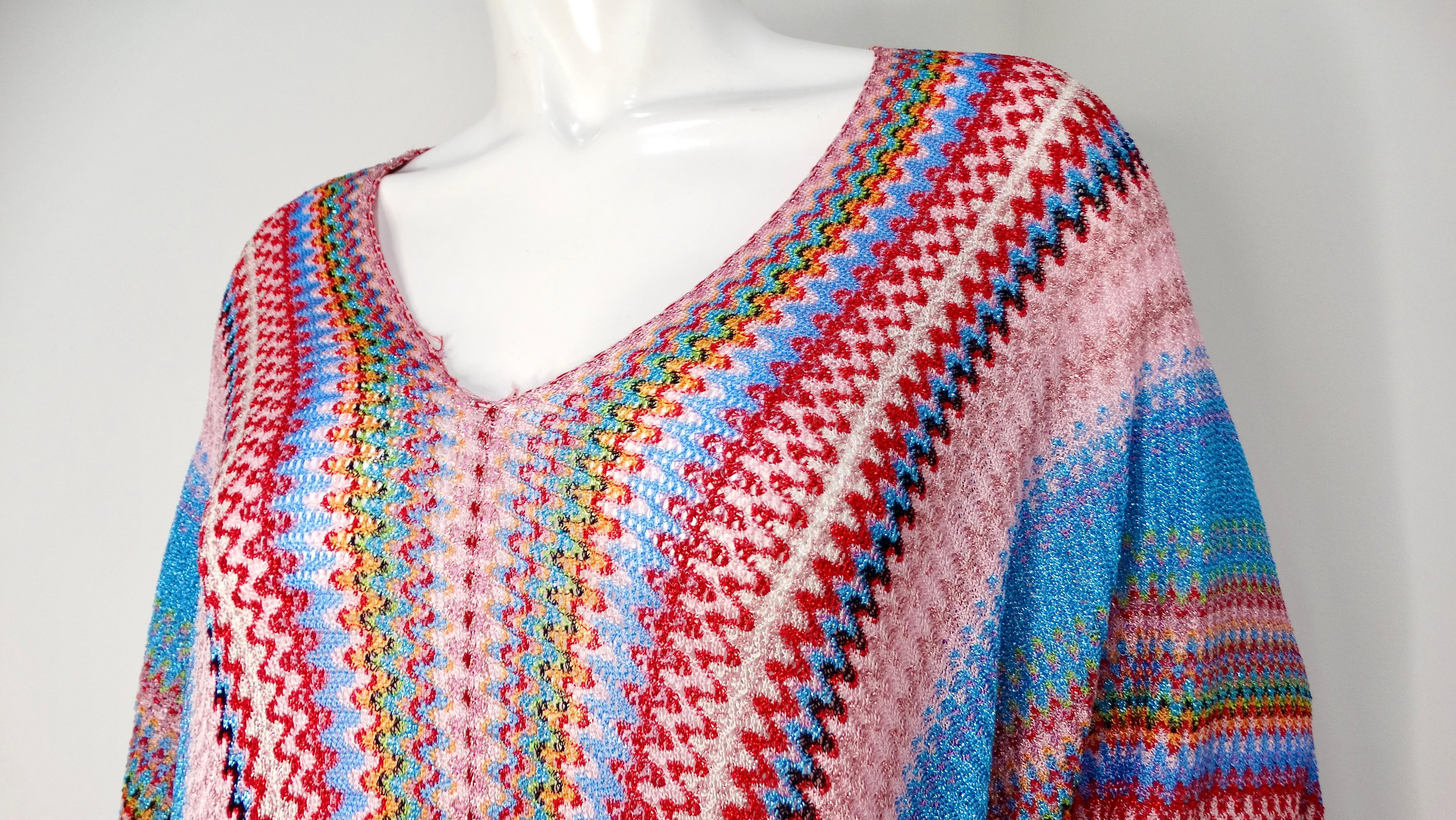 Gray Missoni Zig Zag Multicolor Knit Poncho With Fringe Detail For Sale