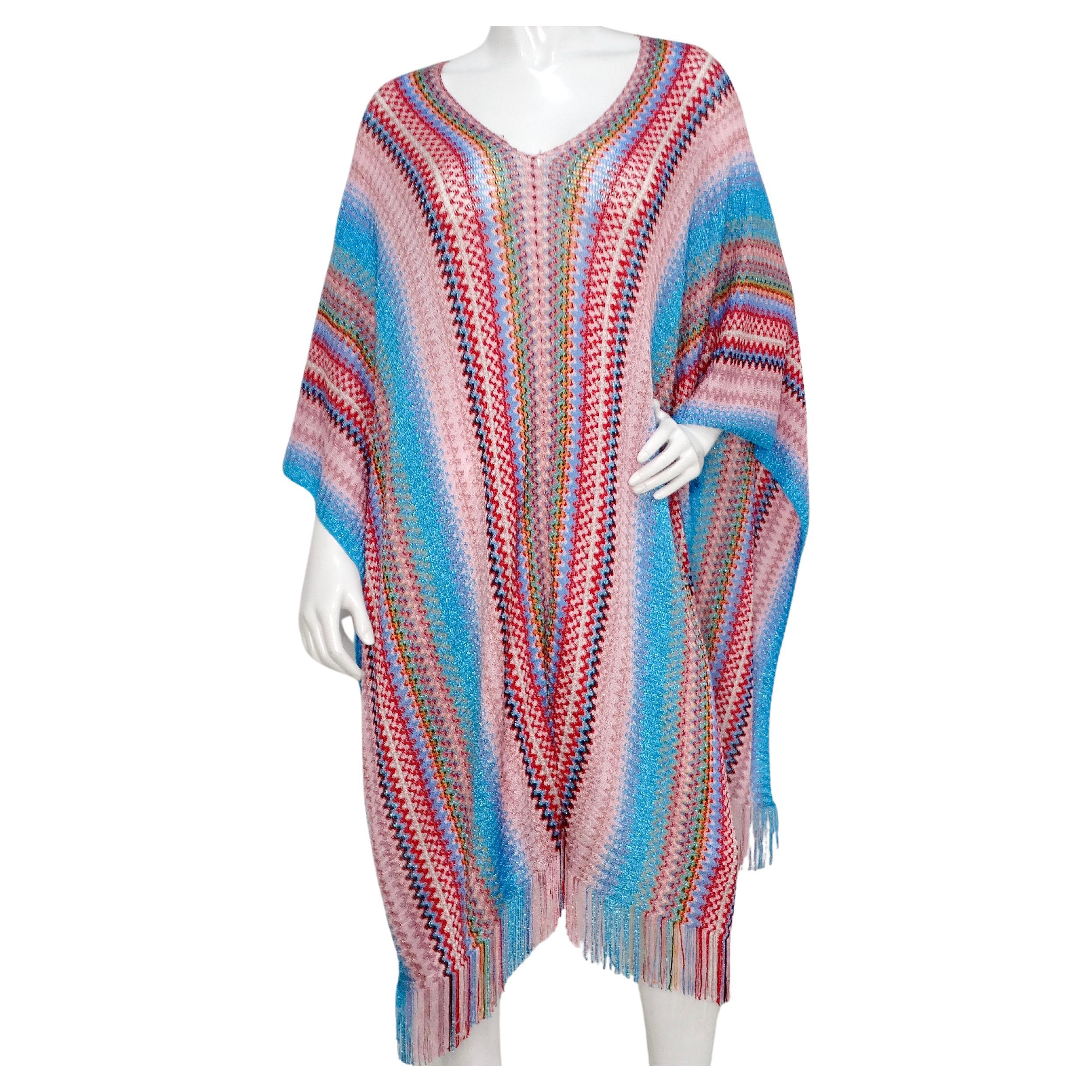 Missoni Zig Zag Multicolor Knit Poncho With Fringe Detail For Sale
