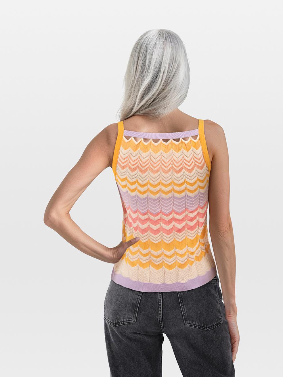 CONDITION is Very good. Minimal wear to the top is evident. Pluck to the weave on the front of the neckline on this used Missoni designer resale item.
 
 
 
 Details
 
 
 Multicolour- orange, pink, purple
 
 Rayon
 
 Tank top
 
 Knitted
 
 Zigzag