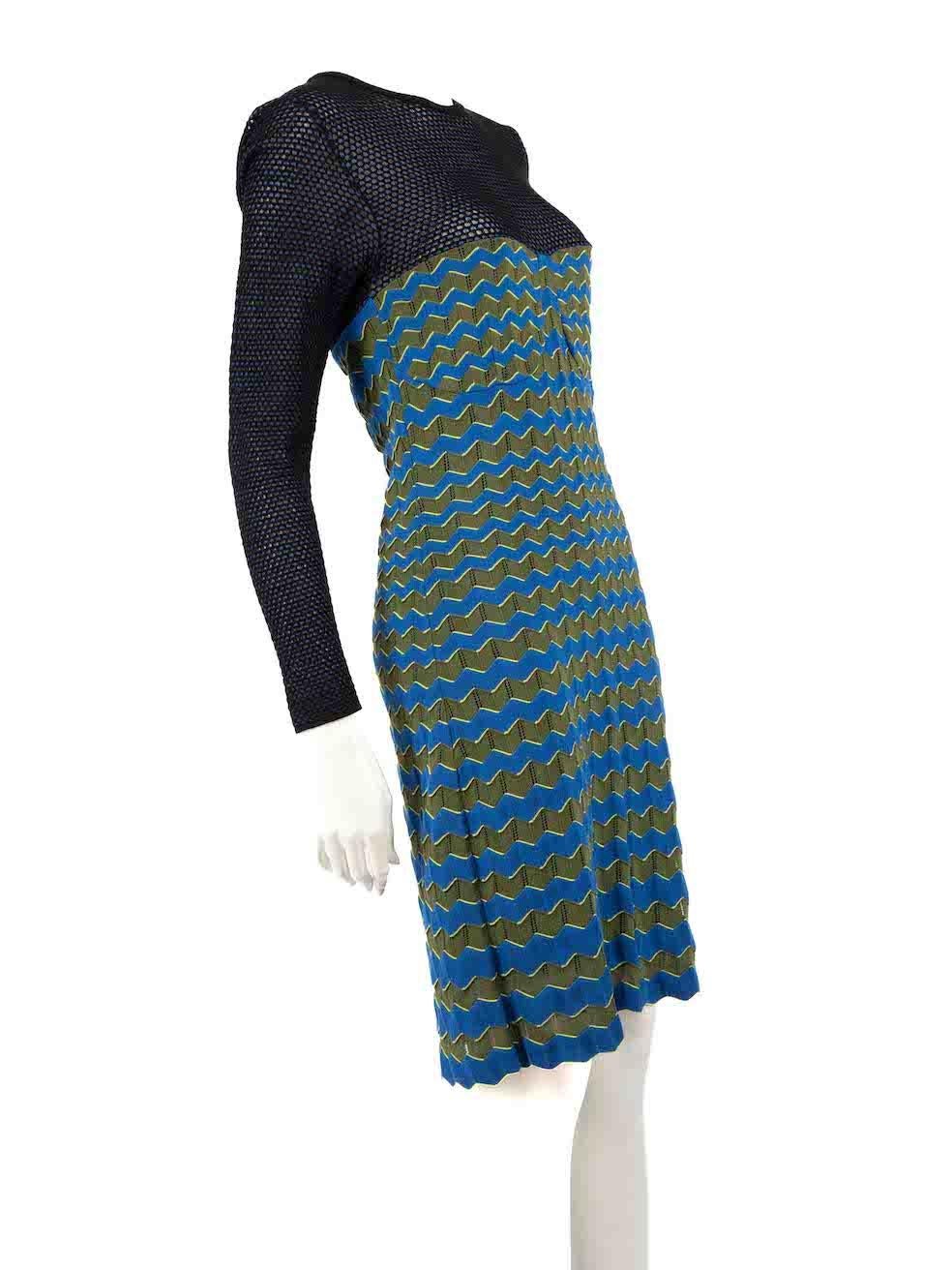 CONDITION is Very good. Hardly any visible wear to dress is evident on this used M by Missoni designer resale item. Composition label is removed.
 
 
 
 Details
 
 
 Multicolour- blue, green
 
 Synthetic
 
 Knit dress
 
 Zigzag pattern
 
 Midi
 
