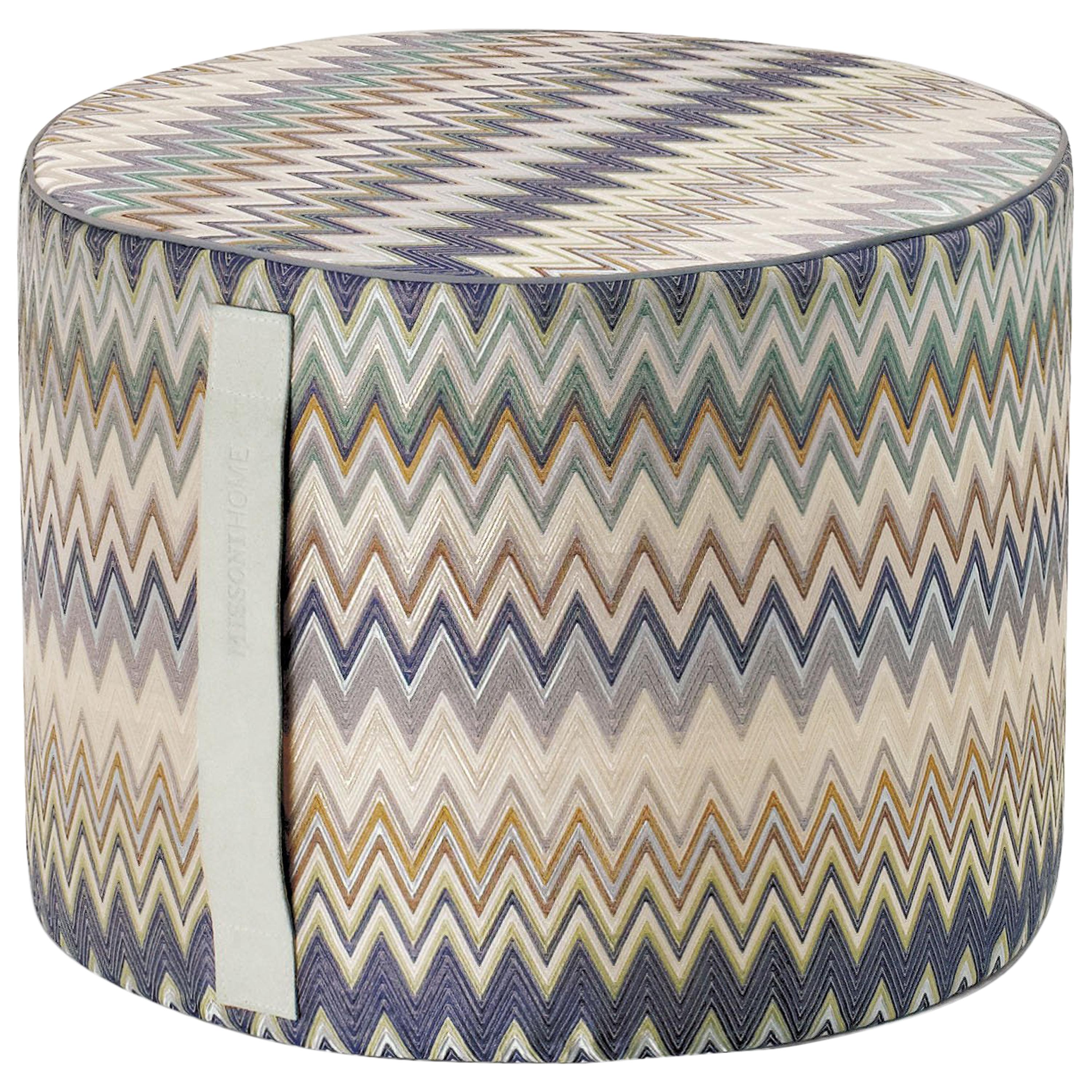 Missoni Home Masuleh Cylinder Pouf with Multicolor & Blue Chevron Print For Sale