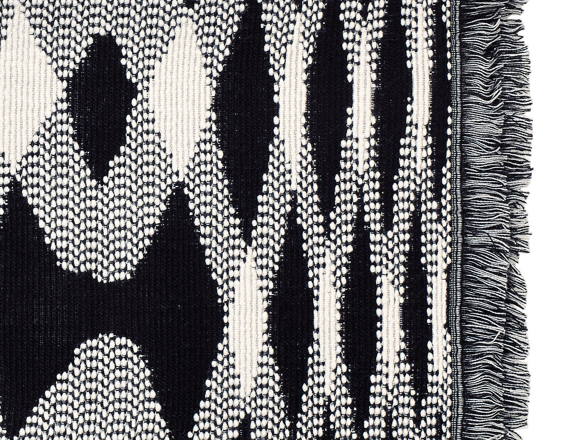 Bold, knitted throw in black & white with flame macro motif. Presented in a branded gift box. Perfect for adding an elegant touch to any bedroom or living room.

Composition: 58% Acrylic, 42% Wool. Care: delicate dry-clean with perchlorethylene.