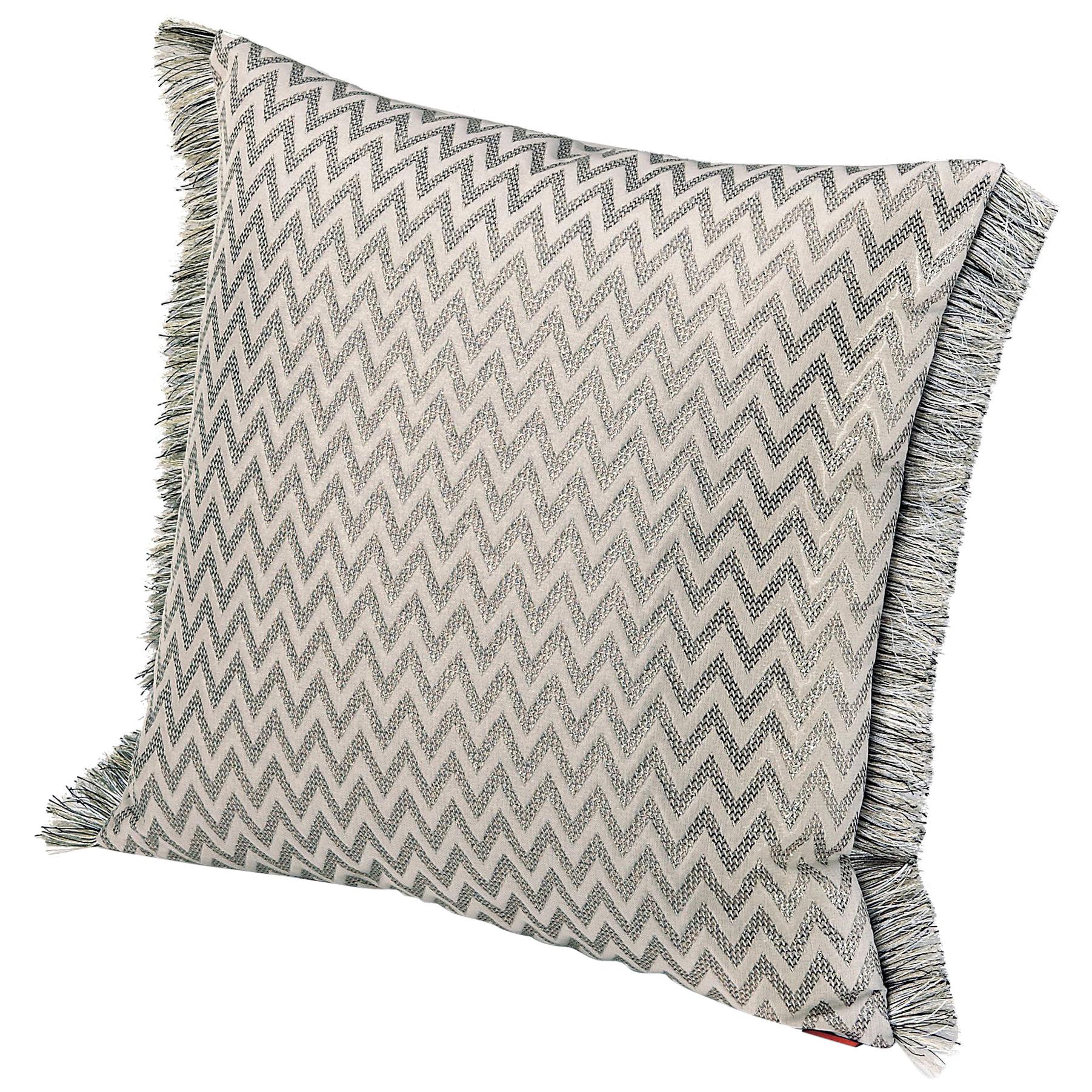 Missoni Home Stanford Cushion in Ivory & Silver Chevron Print with Fringe Trim For Sale