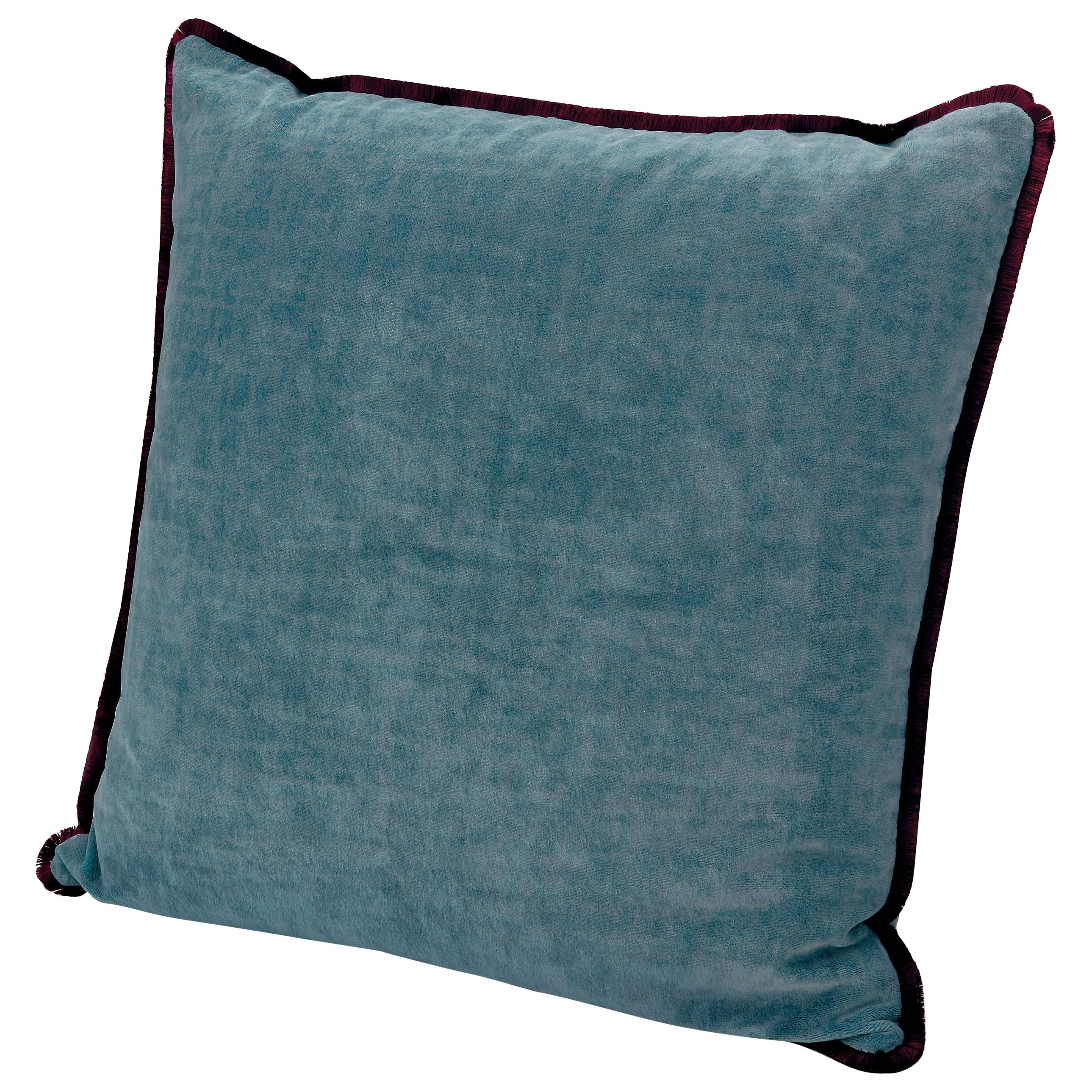 Missoni Home Tibet Cushion in Blue Velvet with Cranberry Border For Sale