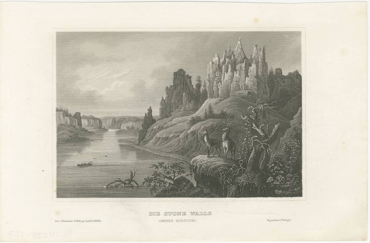 Missouri River Stone Walls, Antique Steel Engraving c.1850