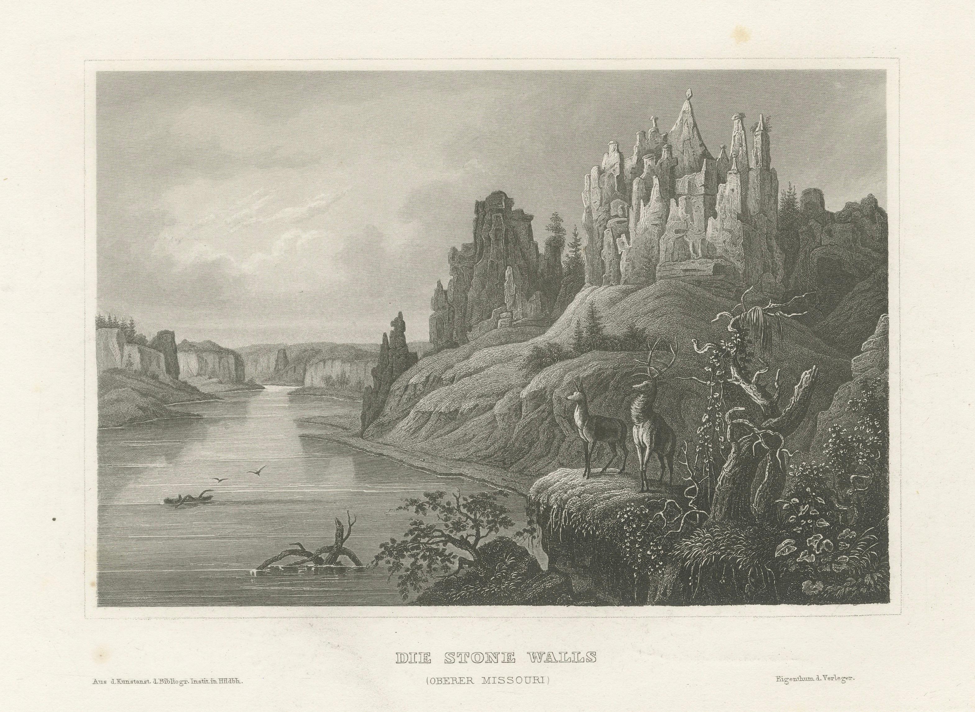 Missouri River Stone Walls, Antique Steel Engraving c.1850