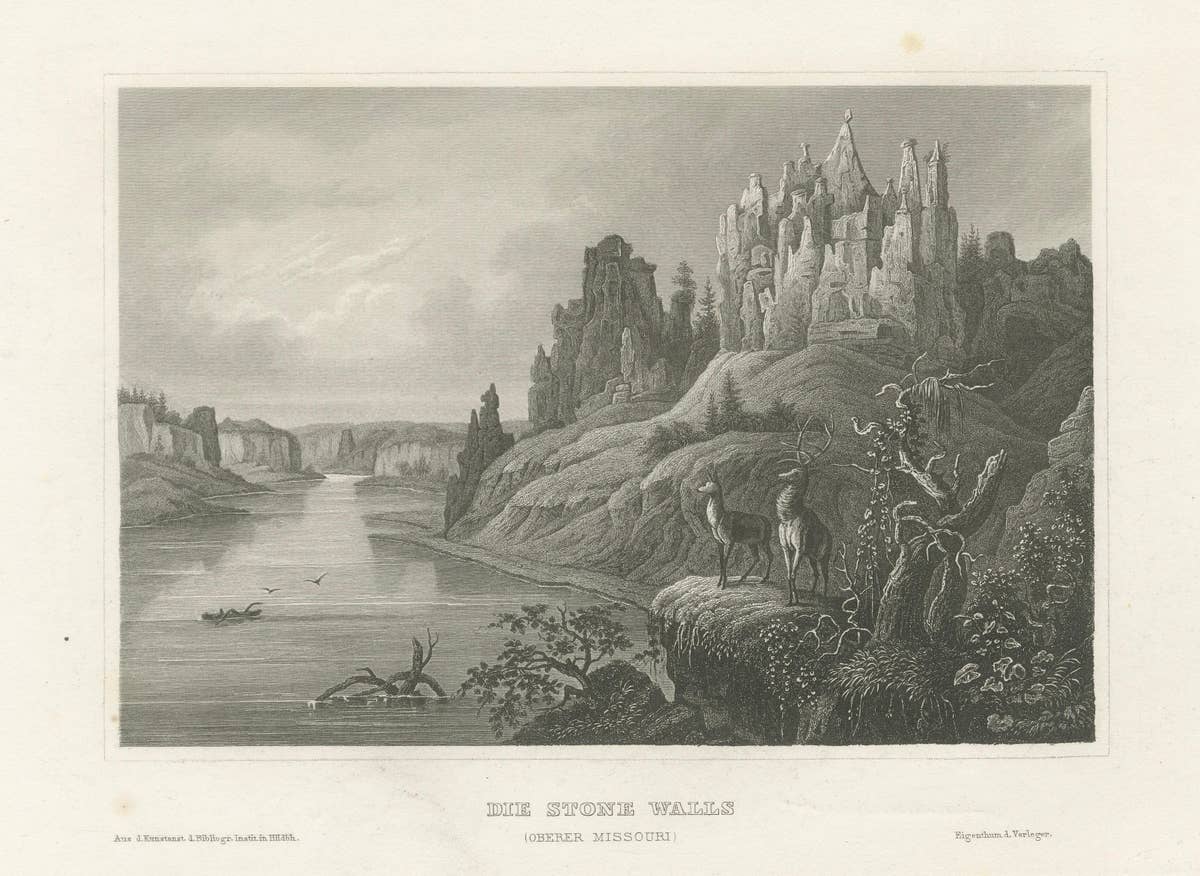 Missouri River Stone Walls, Antique Steel Engraving c.1850