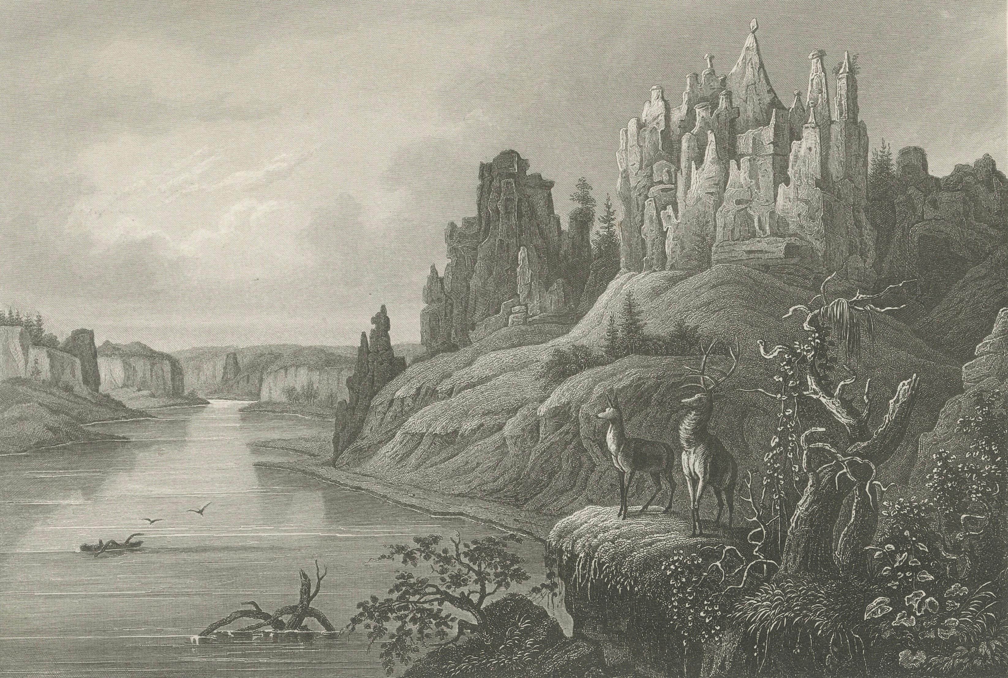 Missouri River Stone Walls, Antique Steel Engraving c.1850