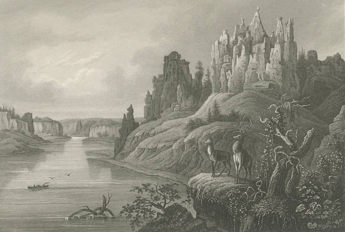 Missouri River Stone Walls, Antique Steel Engraving c.1850