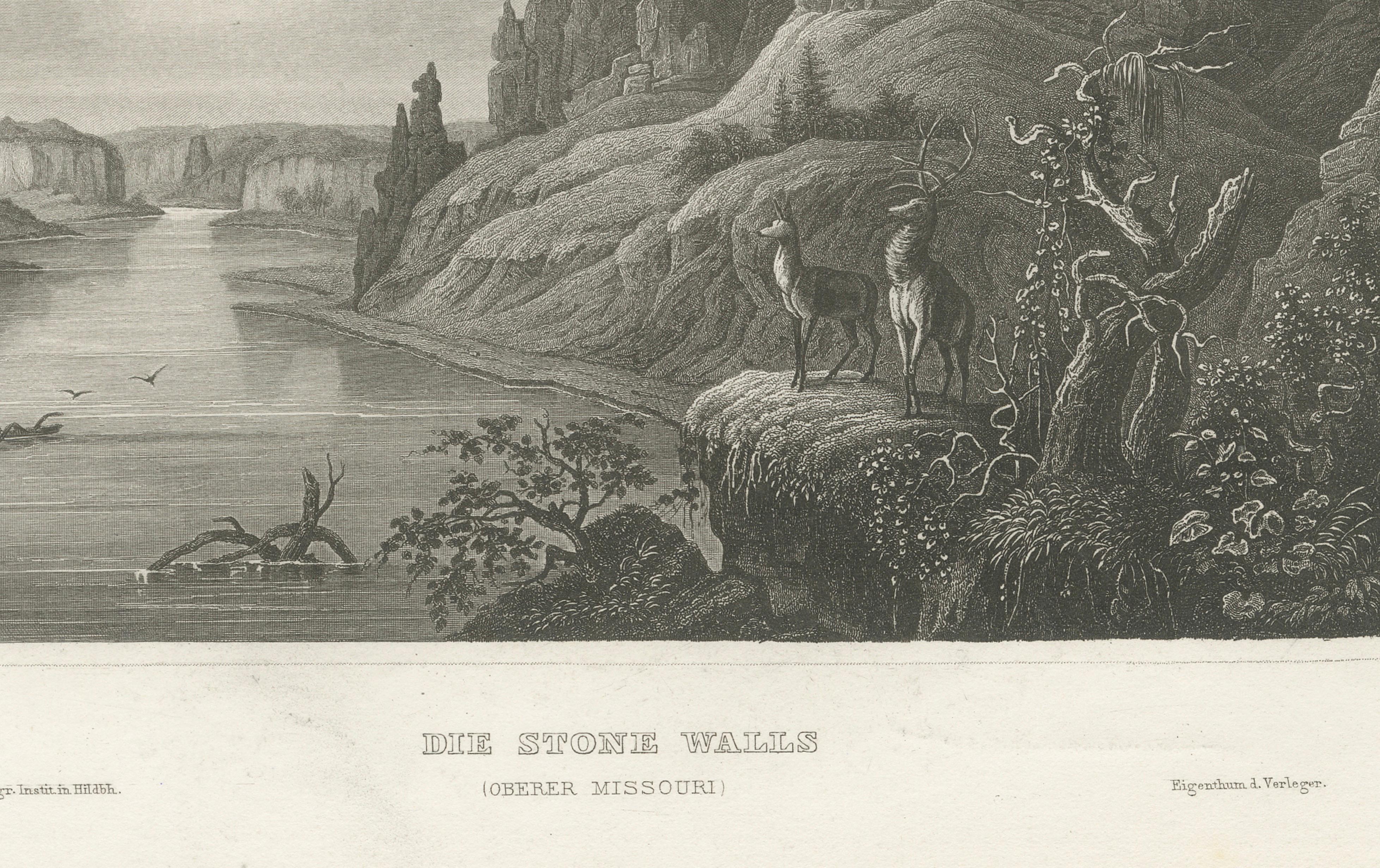 Missouri River Stone Walls, Antique Steel Engraving c.1850