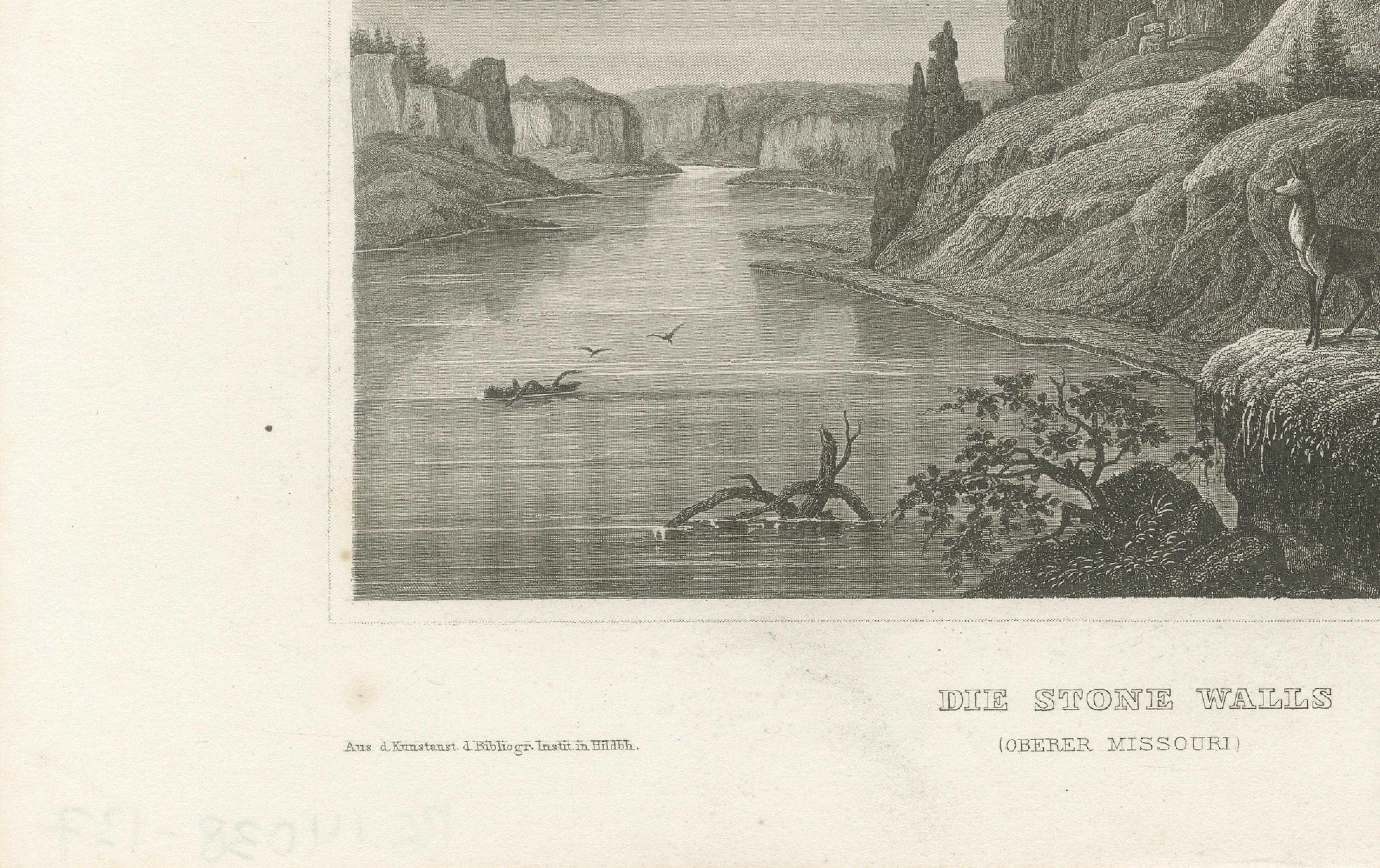 Missouri River Stone Walls, Antique Steel Engraving c.1850