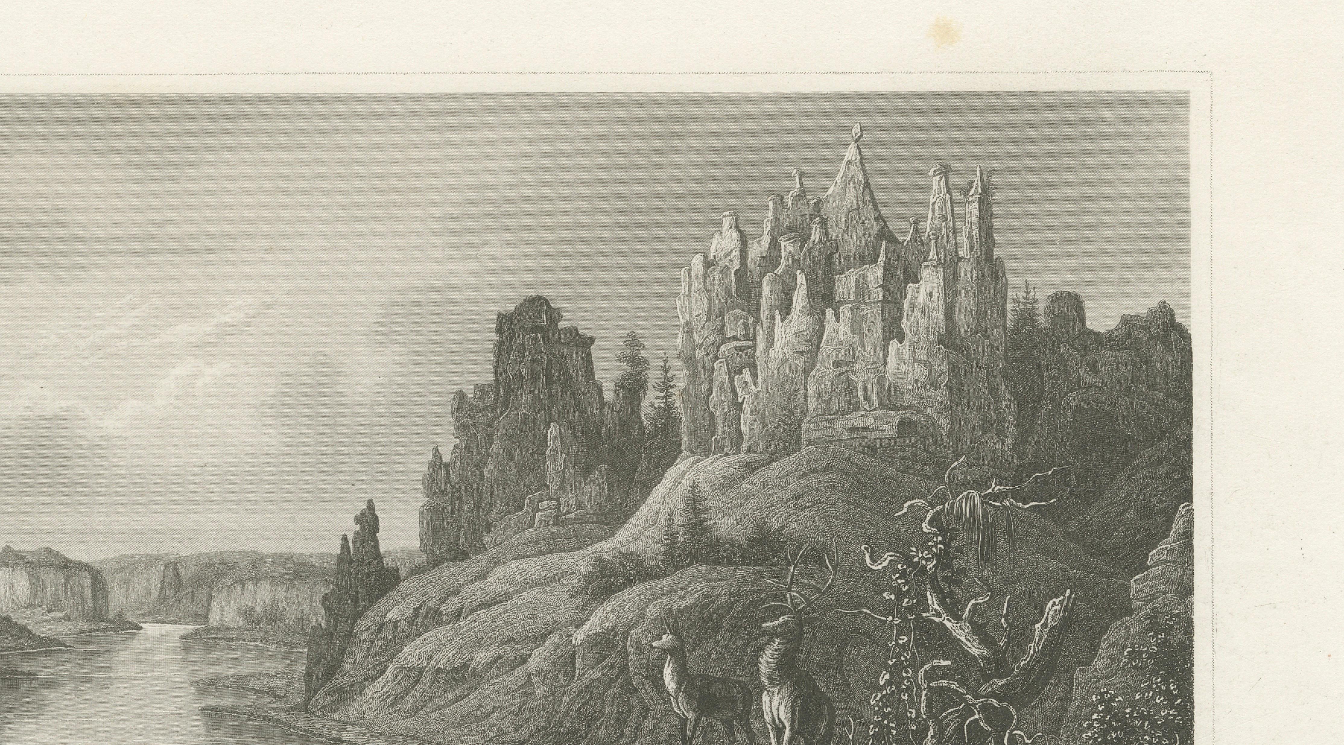 Missouri River Stone Walls, Antique Steel Engraving c.1850
