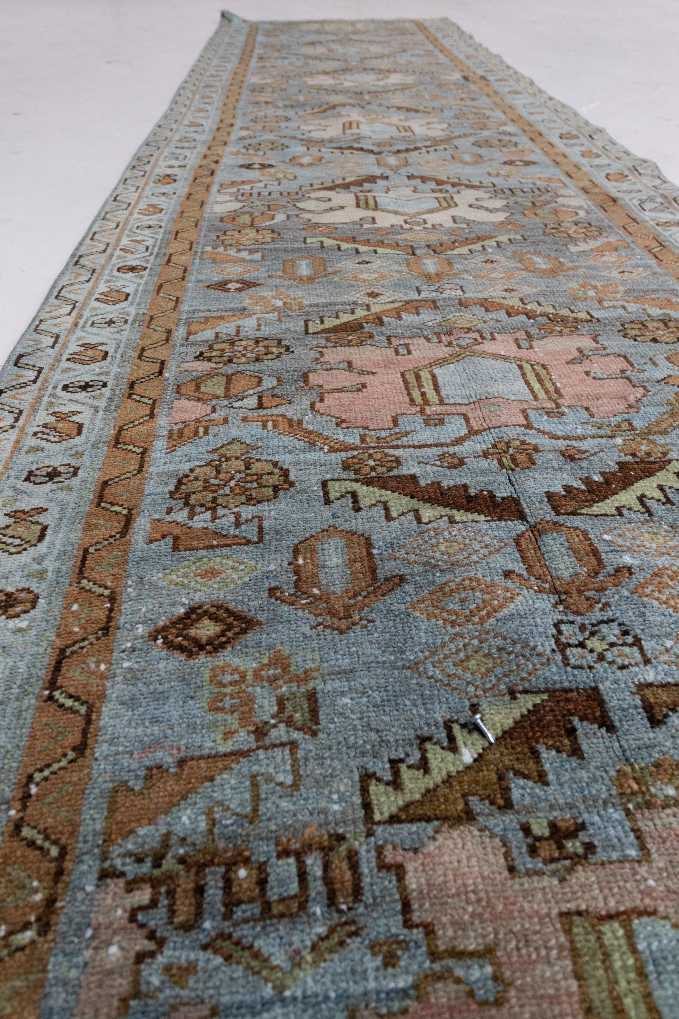 Other Mist Blue Vintage Oriental Runner Rug For Sale