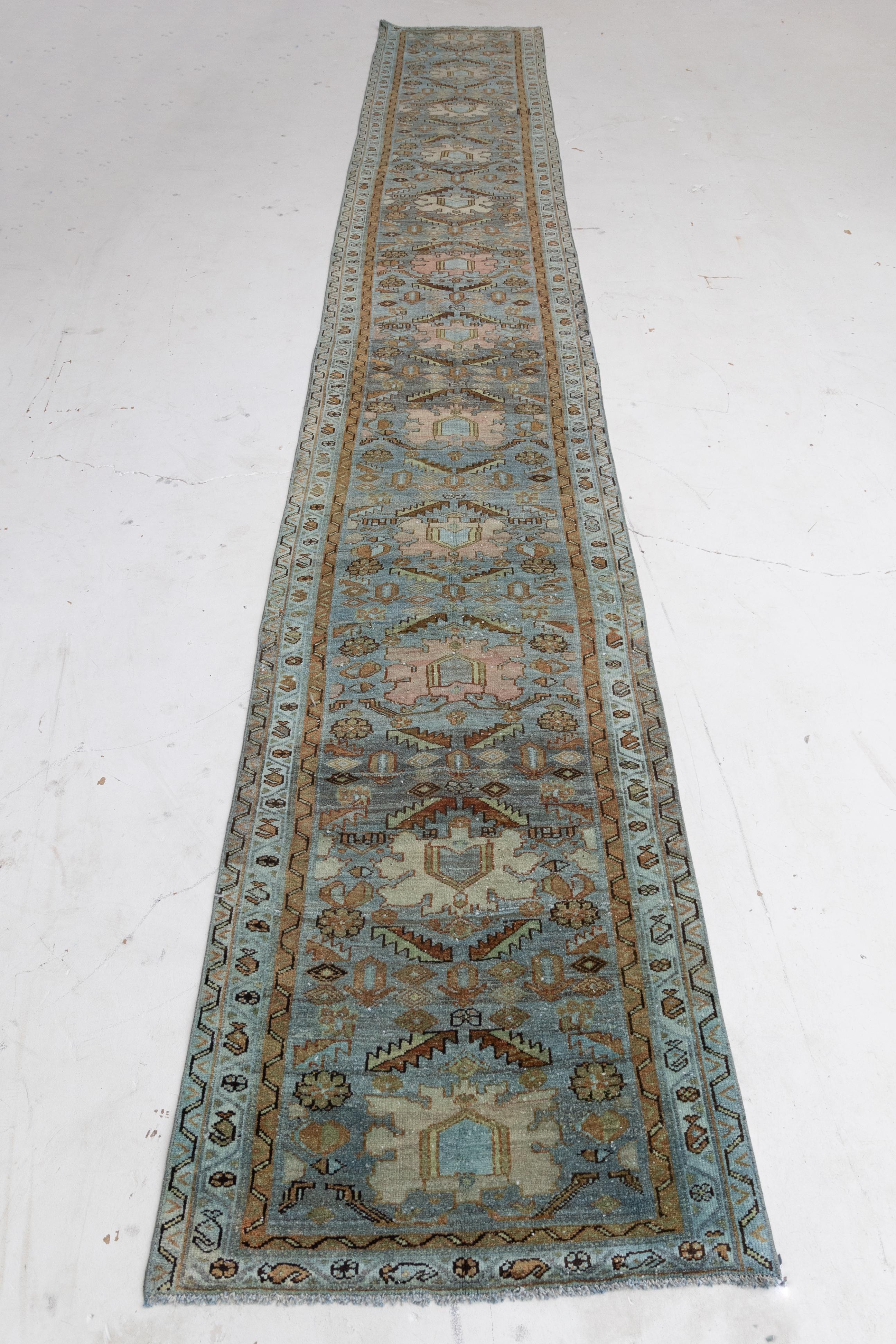Persian Mist Blue Vintage Oriental Runner Rug For Sale