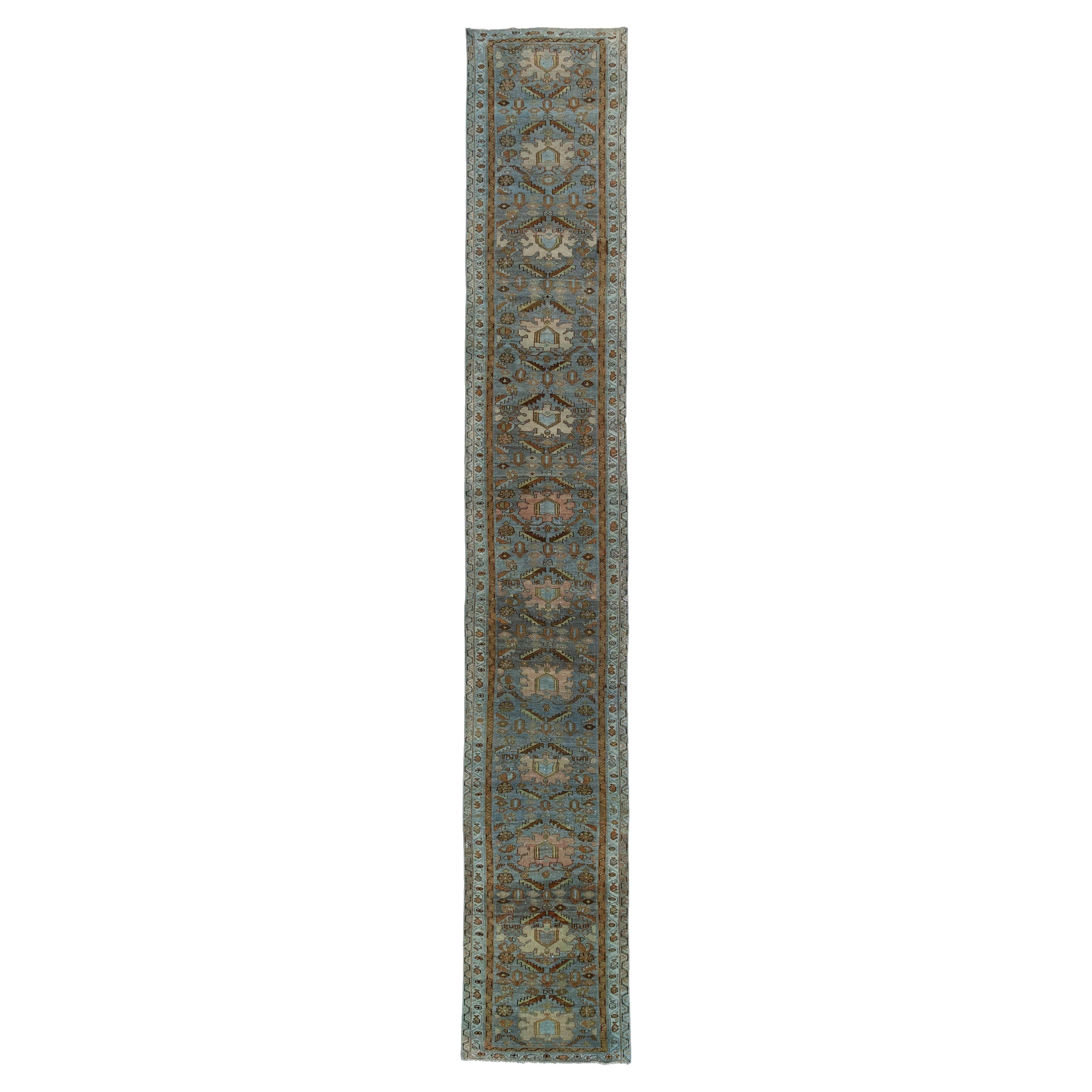 Mist Blue Vintage Oriental Runner Rug For Sale