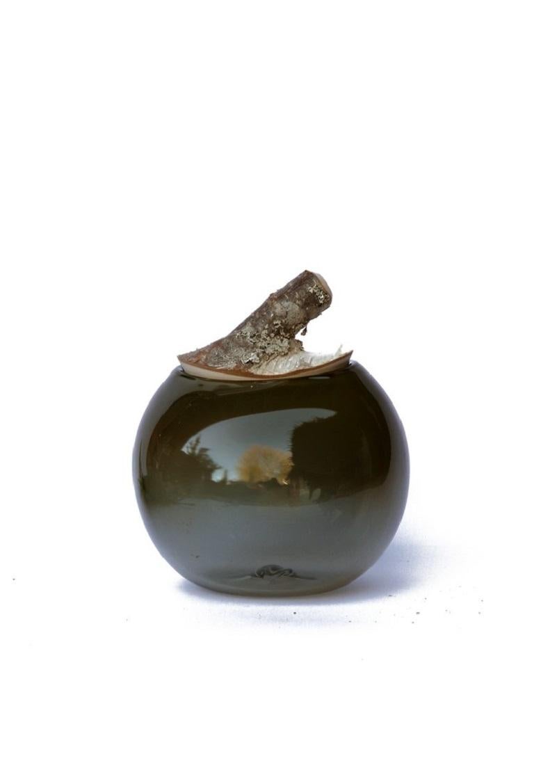 Ciotola con ramo di nebbia II, Pia Wüstenberg
Dimensioni: D. 16-18 x H. 20
Materiali: vetro, Wood
Disponibile in altri colori.

Un vaso giocoso, con un coperchio ricavato da un tronco di ramo che segue la curvatura del vetro. Le ciotole con ramo