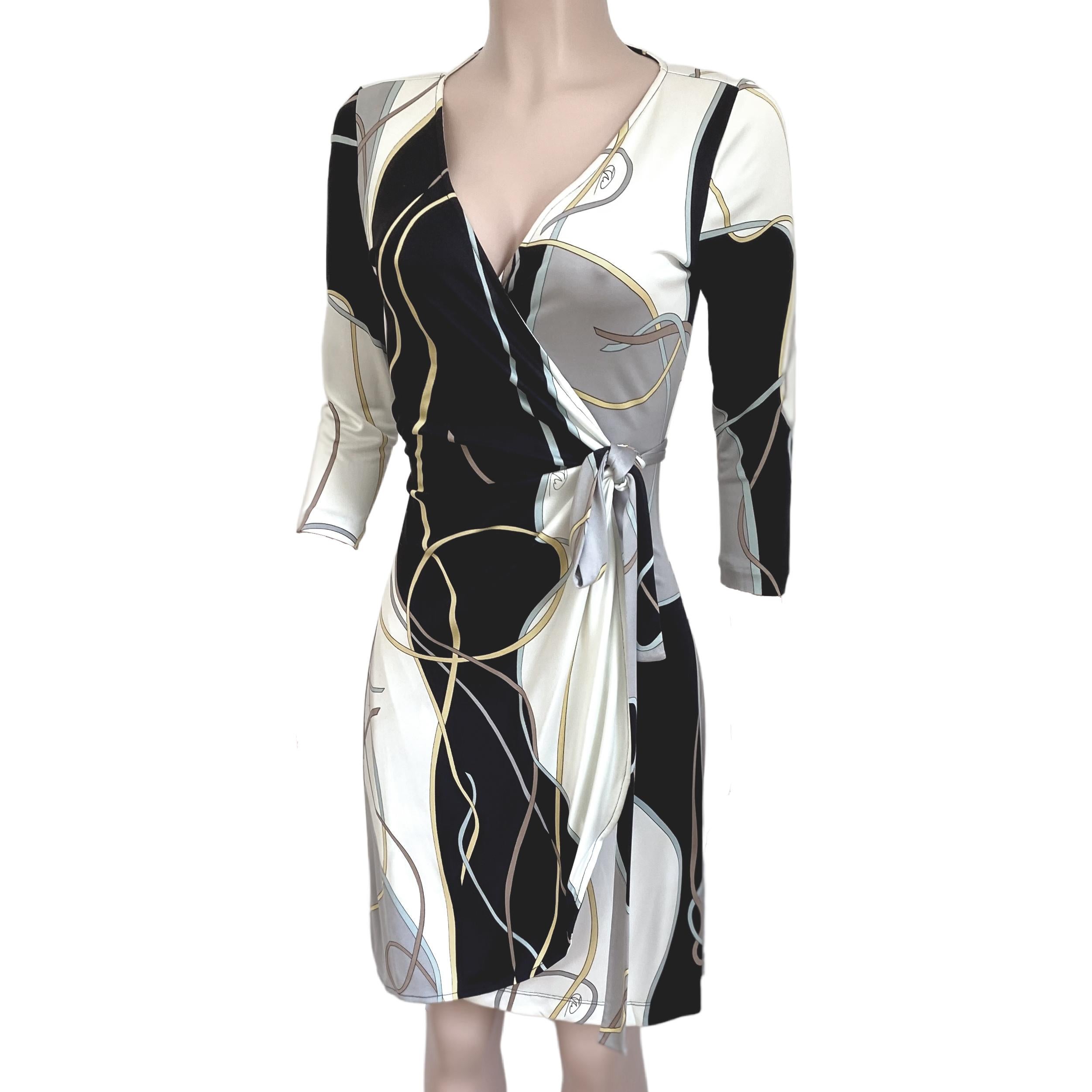 Mist Gay Black Ecru Print FLORA KUNG Silk Wrap dress NWT In New Condition For Sale In Boston, MA
