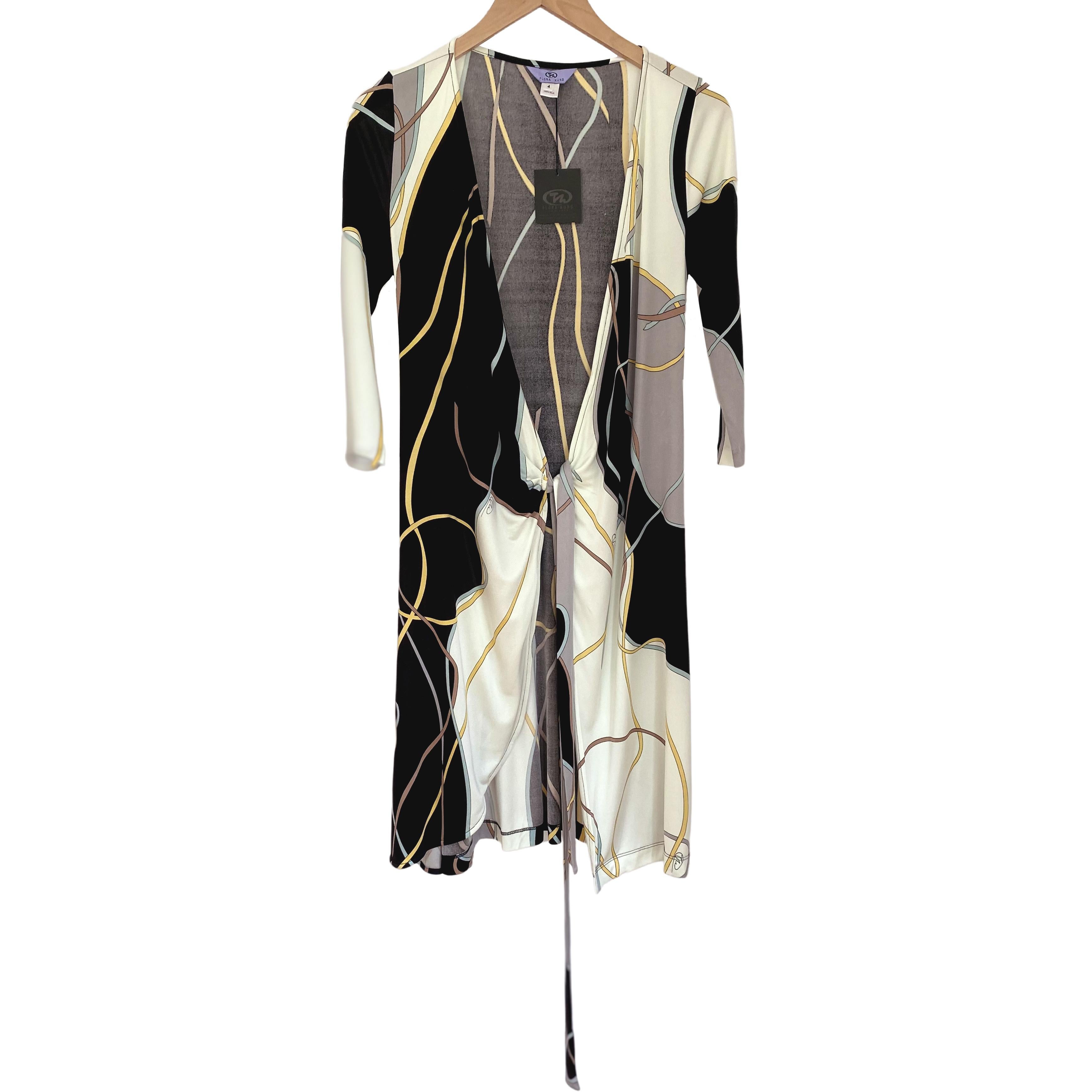 Mist Gay Black Ecru Print FLORA KUNG Silk Wrap dress NWT For Sale 2