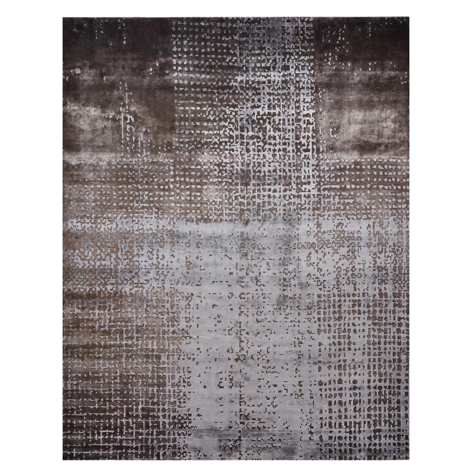 Mist Tapis en soie moderne noué à la main dans des couleurs grises et argentées par Hands