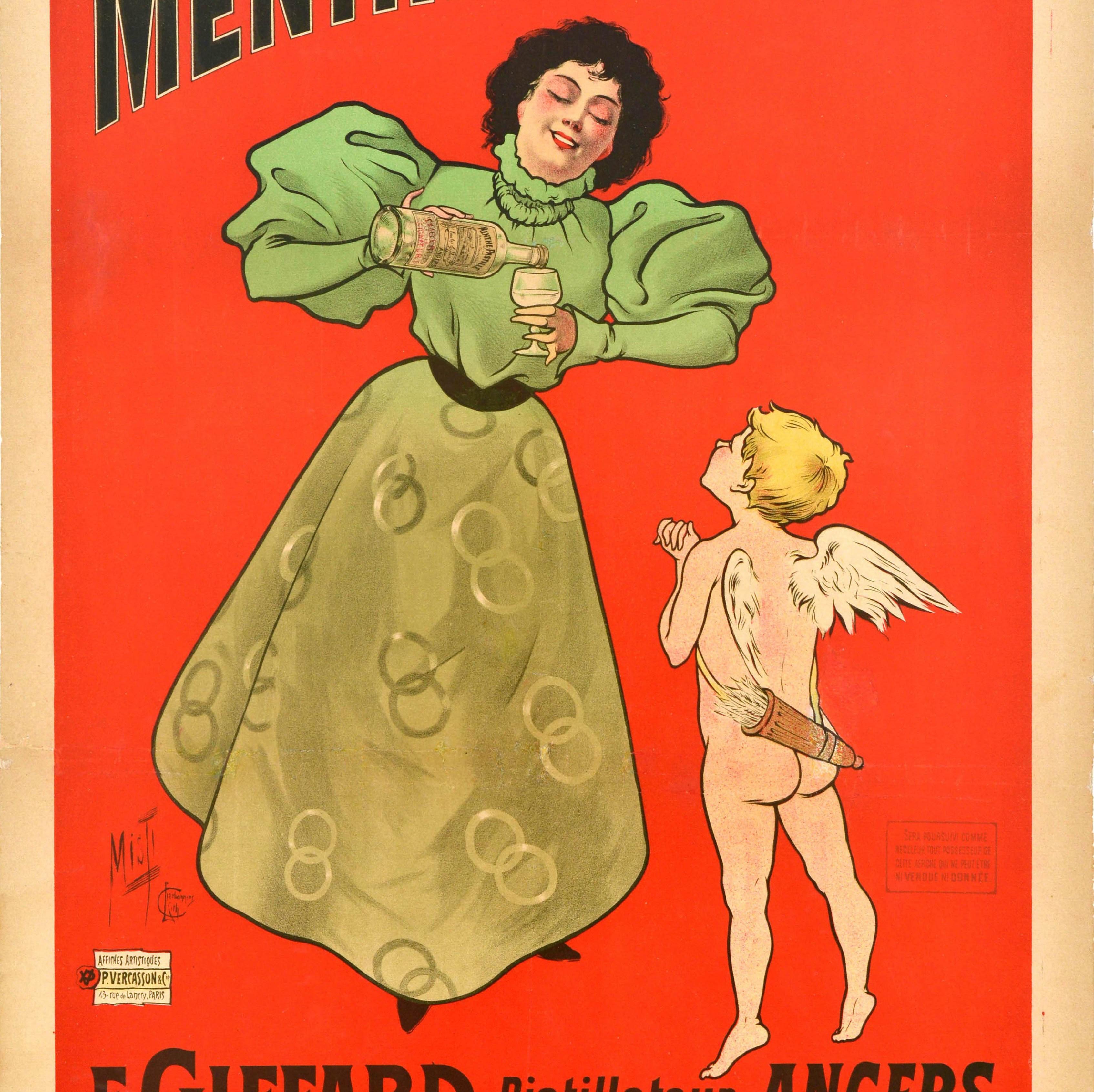 Original Antikes Poster, Liqueur Menthe, Pastille E. Giffard, Mint, Trinken, Cherub, Kunst (Rot), Print, von Misti