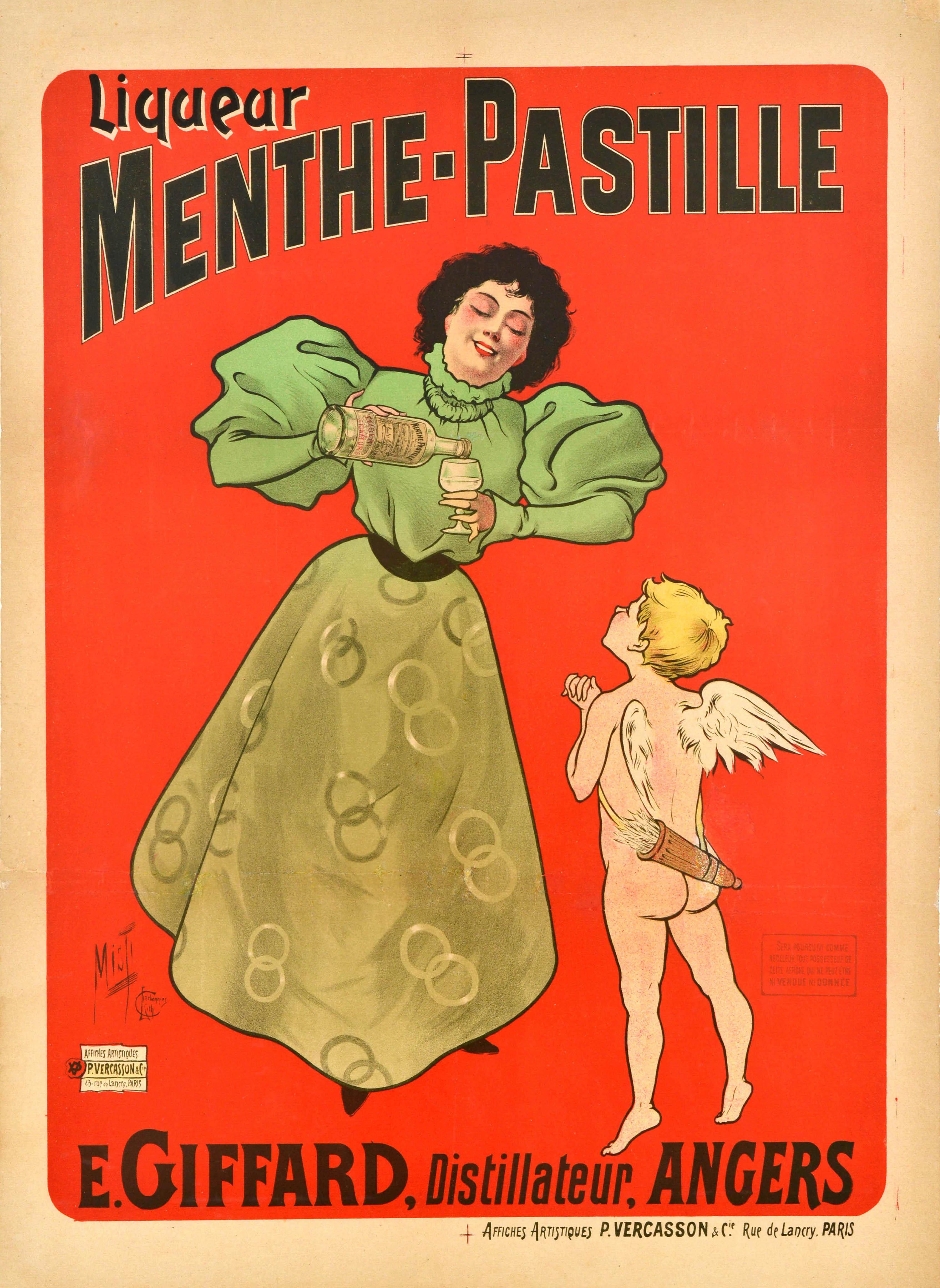 Affiche ancienne d'origine , Liqueur Menthe Pastille , E . Giffard , Art du chérubin à boire