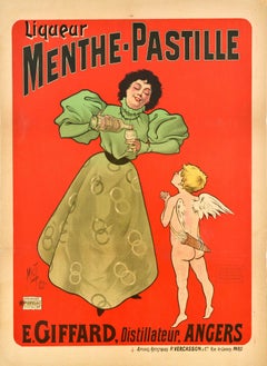 Original Antique Poster Liqueur Menthe Pastille E. Giffard Mint Drink Cherub Art