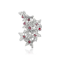 Mistletoe Brooch with Pear-Shape Diamonds and Cabochon Rubies in Platinum