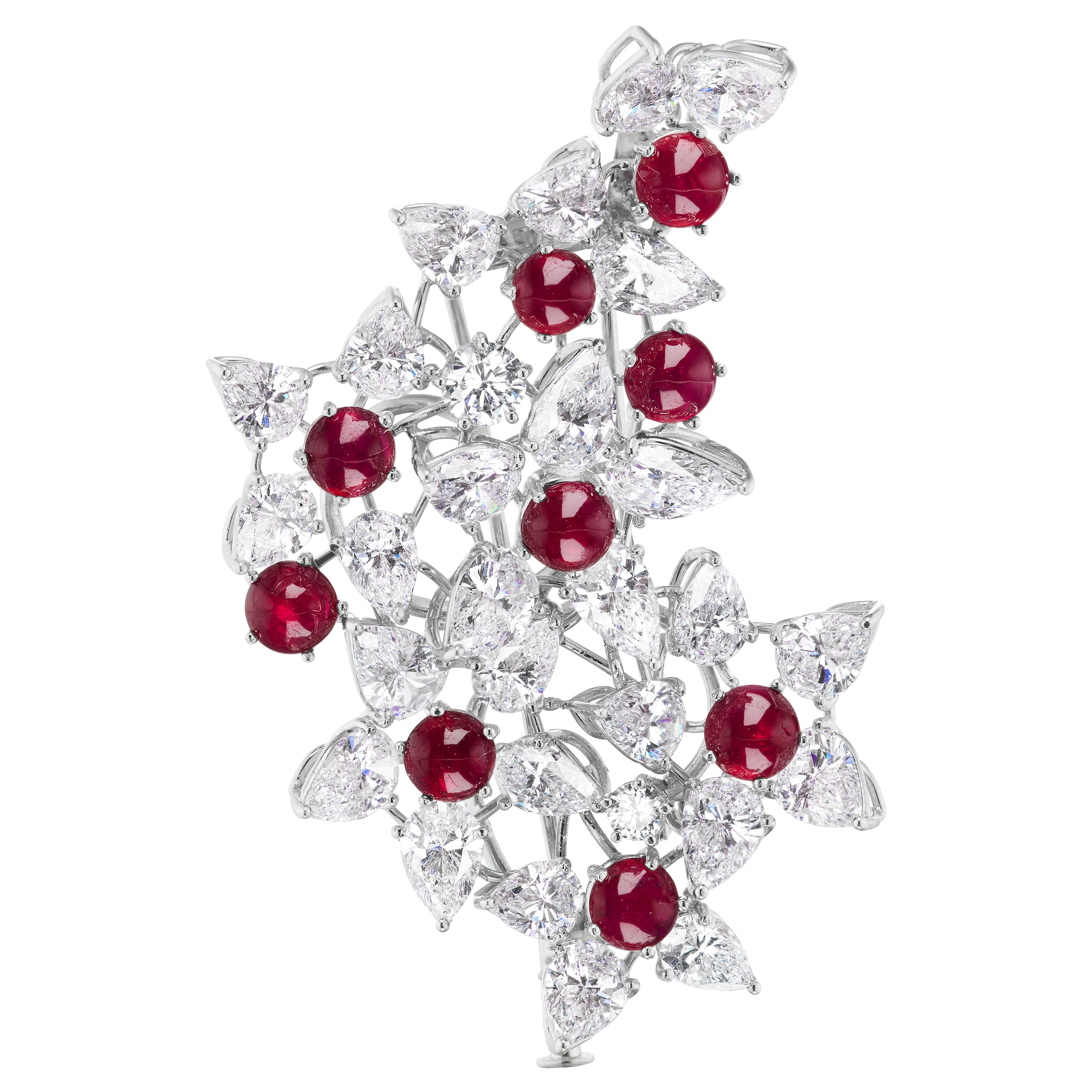 Mistletoe Brooch with Pear-Shape Diamonds and Cabochon Rubies in Platinum For Sale