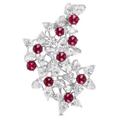 Mistletoe Brooch with Pear-Shape Diamonds and Cabochon Rubies in Platinum