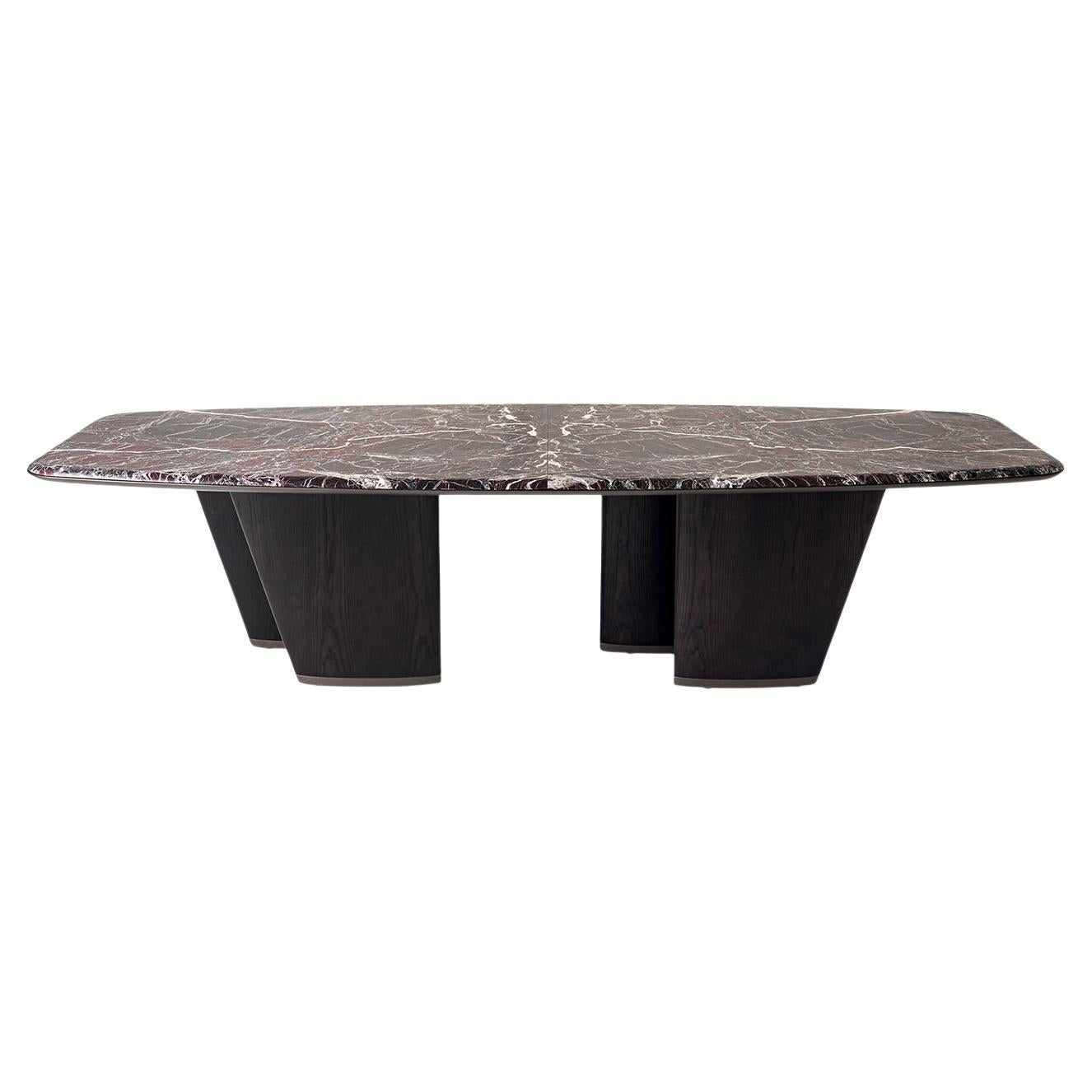 Mesa de Comedor Mistral con Base de Madera de Fresno y Tapa de Mármol Rosso Levanto