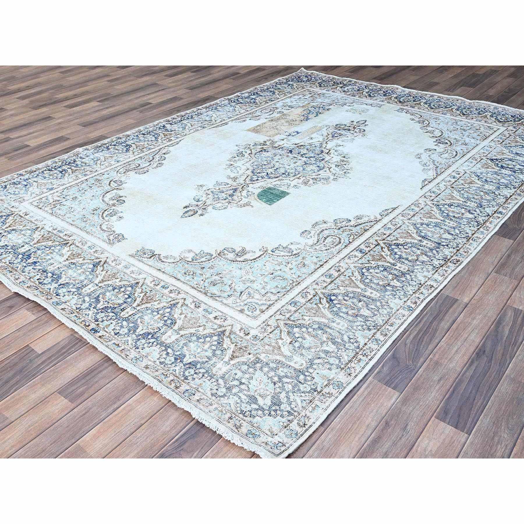 Azul Niebla Vintage Persa Kerman Esquilada Fina Alfombra de Lana Anudada a Mano Medieval en venta