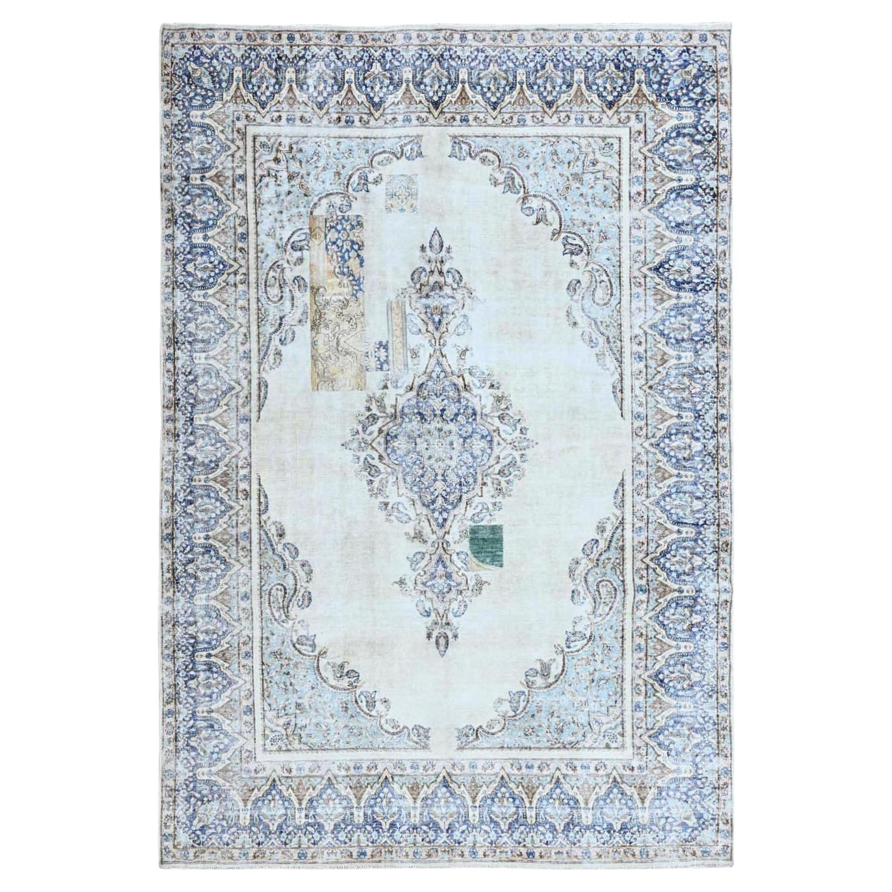 Azul Niebla Vintage Persa Kerman Esquilada Fina Alfombra de Lana Anudada a Mano en venta